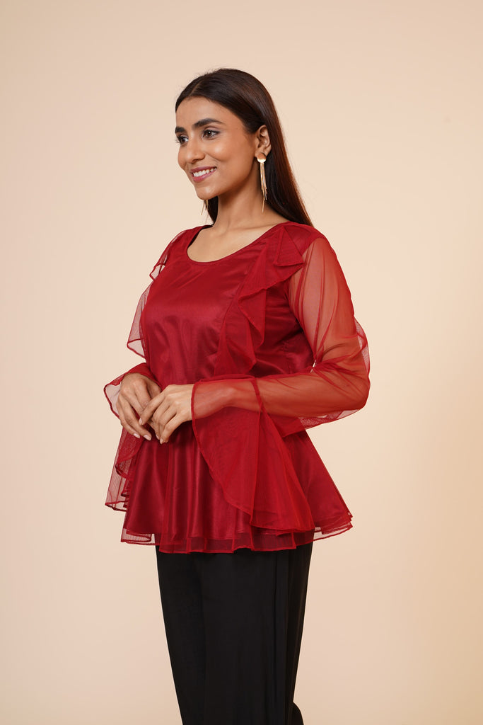 Women's Net Party Long Ruffle Sleeves Top In Maroon