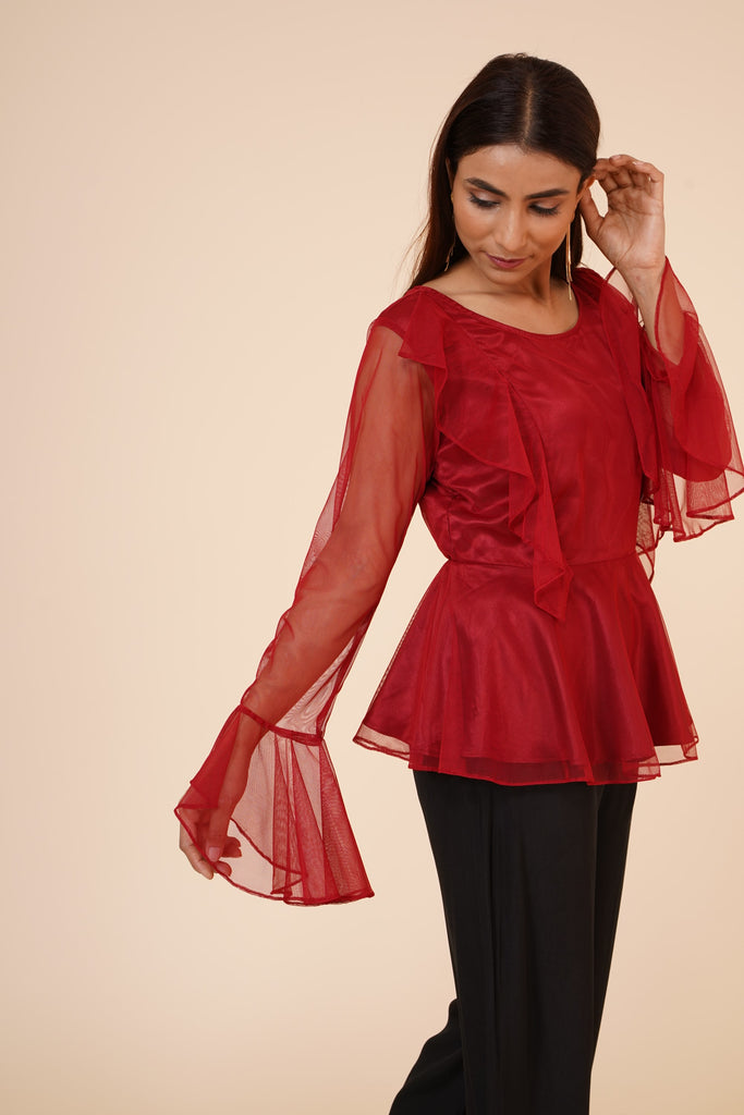 Women's Net Party Long Ruffle Sleeves Top In Maroon