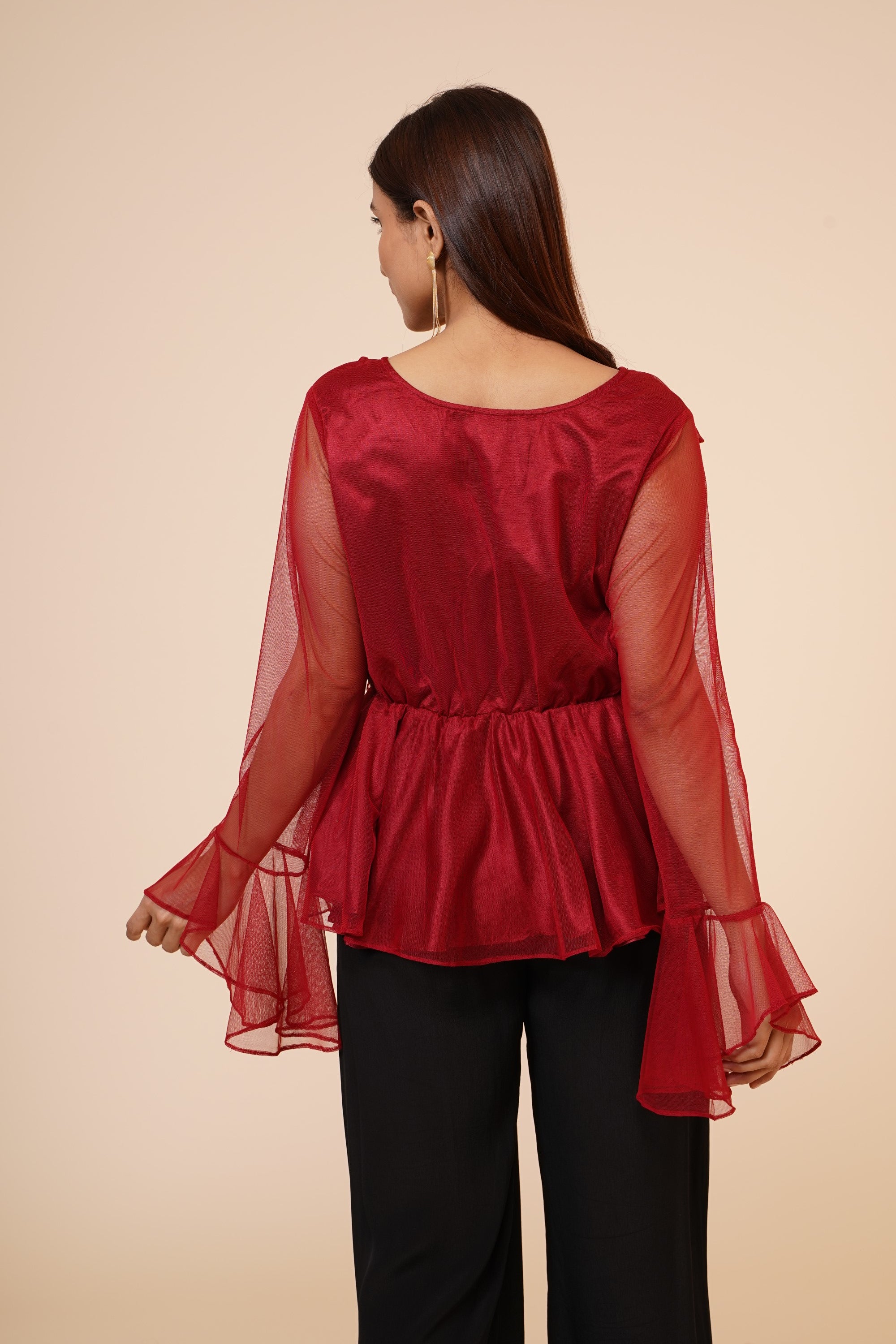 Women's Net Party Long Ruffle Sleeves Top In Maroon - MIRACOLOS by Ruchi