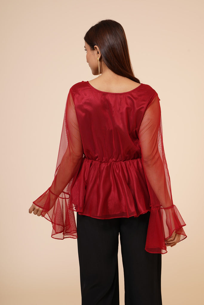 Women's Net Party Long Ruffle Sleeves Top In Maroon