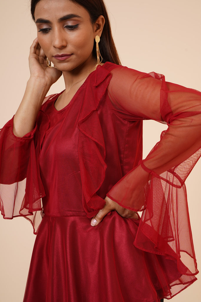 Women's Net Party Long Ruffle Sleeves Top In Maroon