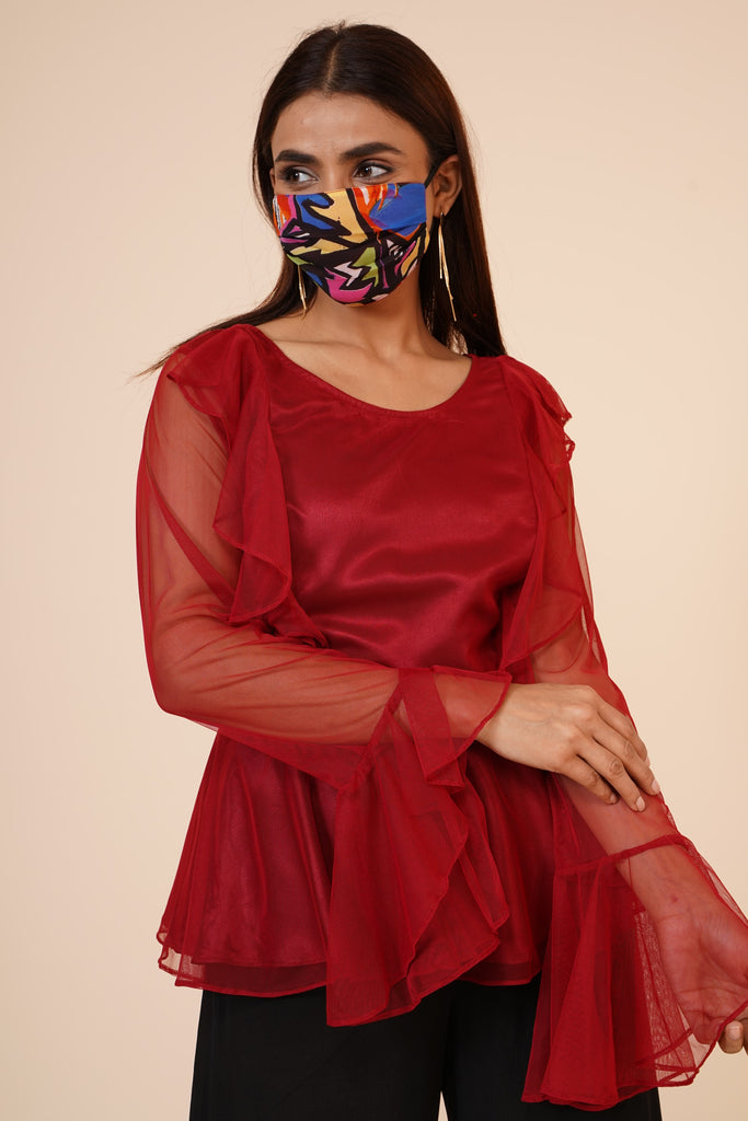 Women's Net Party Long Ruffle Sleeves Top In Maroon