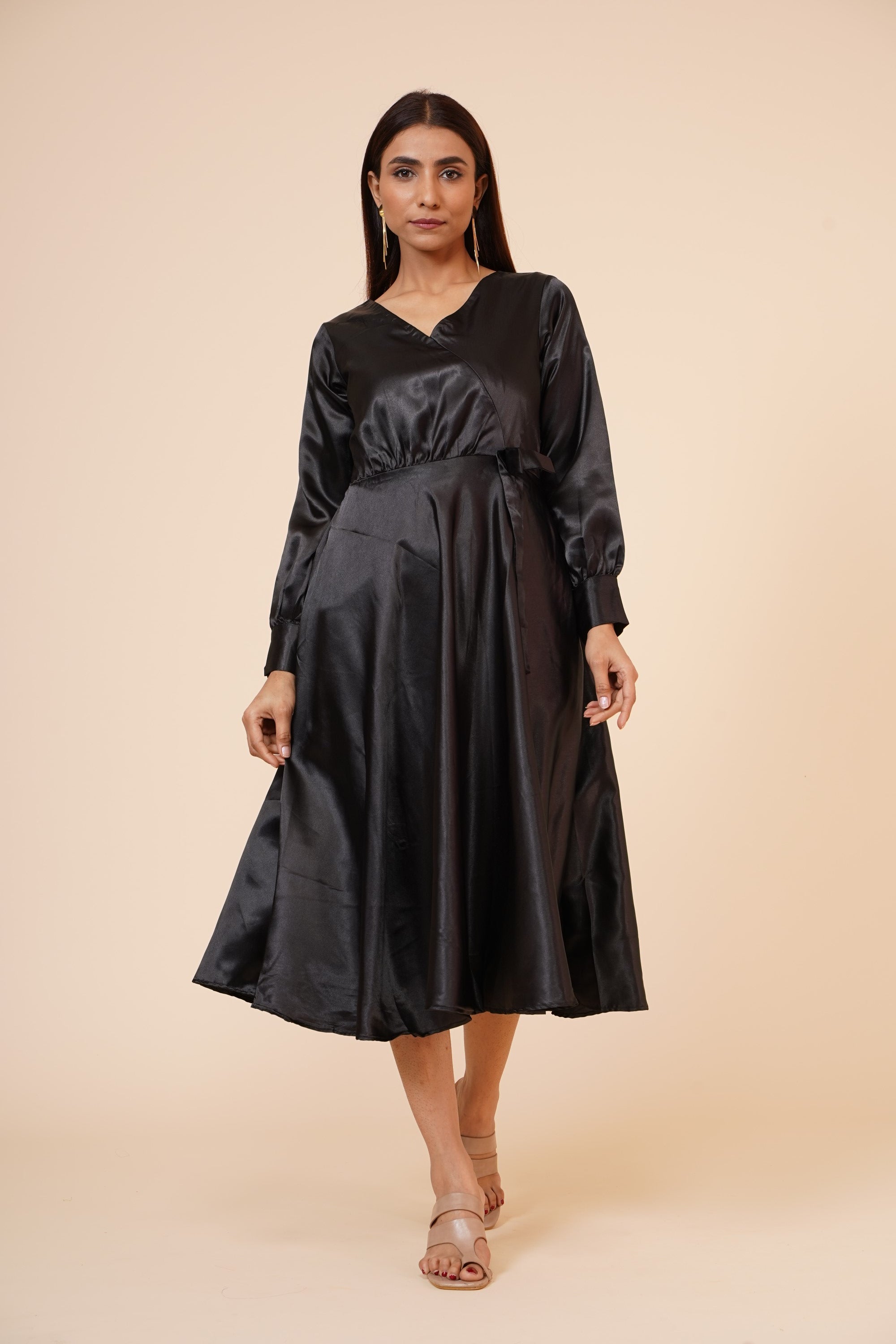 Women's Empire Line With Cuff Satin Wrap Dress Black XL | Trendia Global Women's Empire Line With Cuff Satin Wrap Dress Black XL | Trendia Global