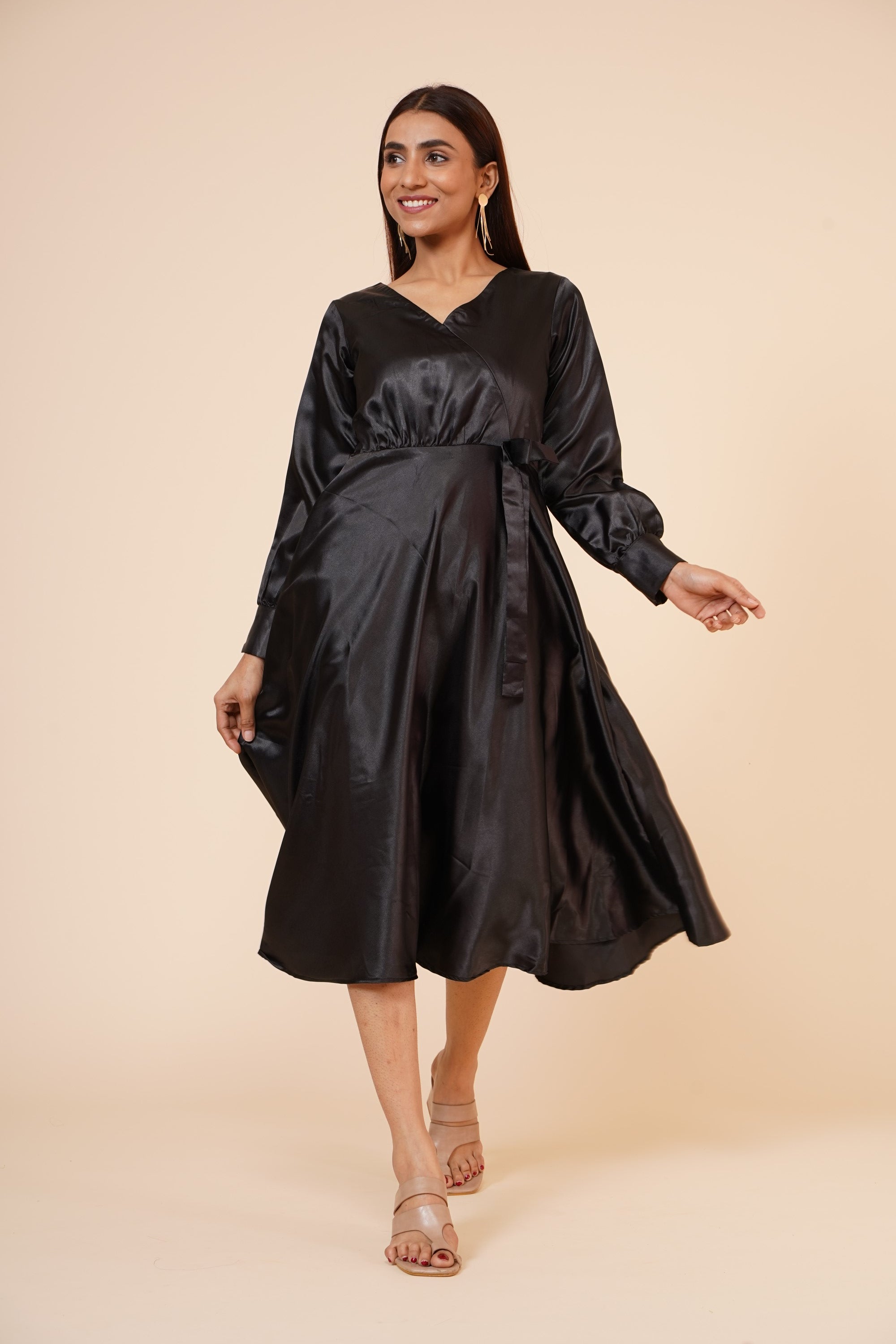 Women's Empire Line With Cuff Satin Wrap Dress Black XL | Trendia Global Women's Empire Line With Cuff Satin Wrap Dress Black XL | Trendia Global