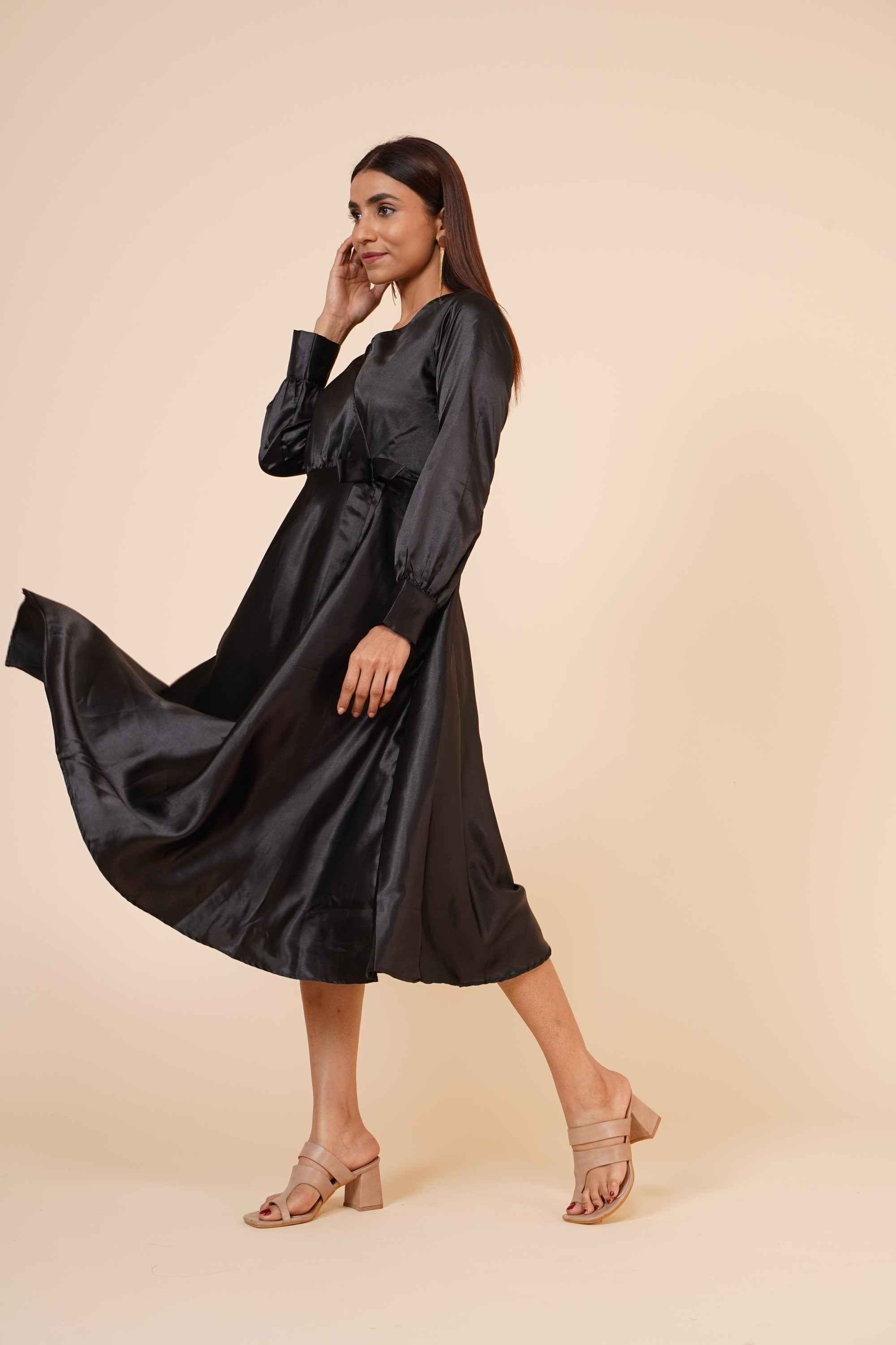 Women's Empire Line With Cuff Satin Wrap Dress Black XL | Trendia Global Women's Empire Line With Cuff Satin Wrap Dress Black XL | Trendia Global