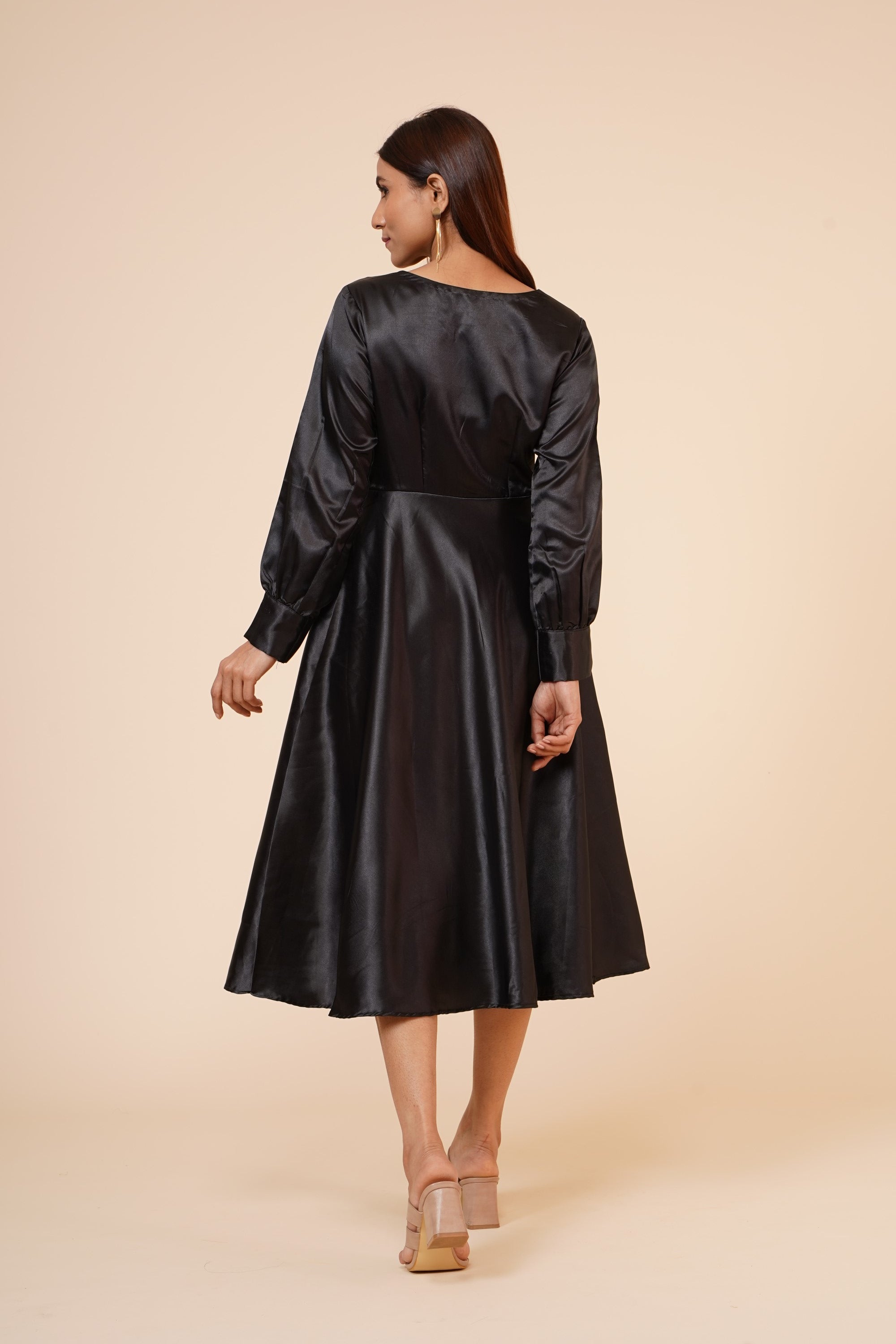 Women's Empire Line With Cuff Satin Wrap Dress Black XL | Trendia Global Women's Empire Line With Cuff Satin Wrap Dress Black XL | Trendia Global