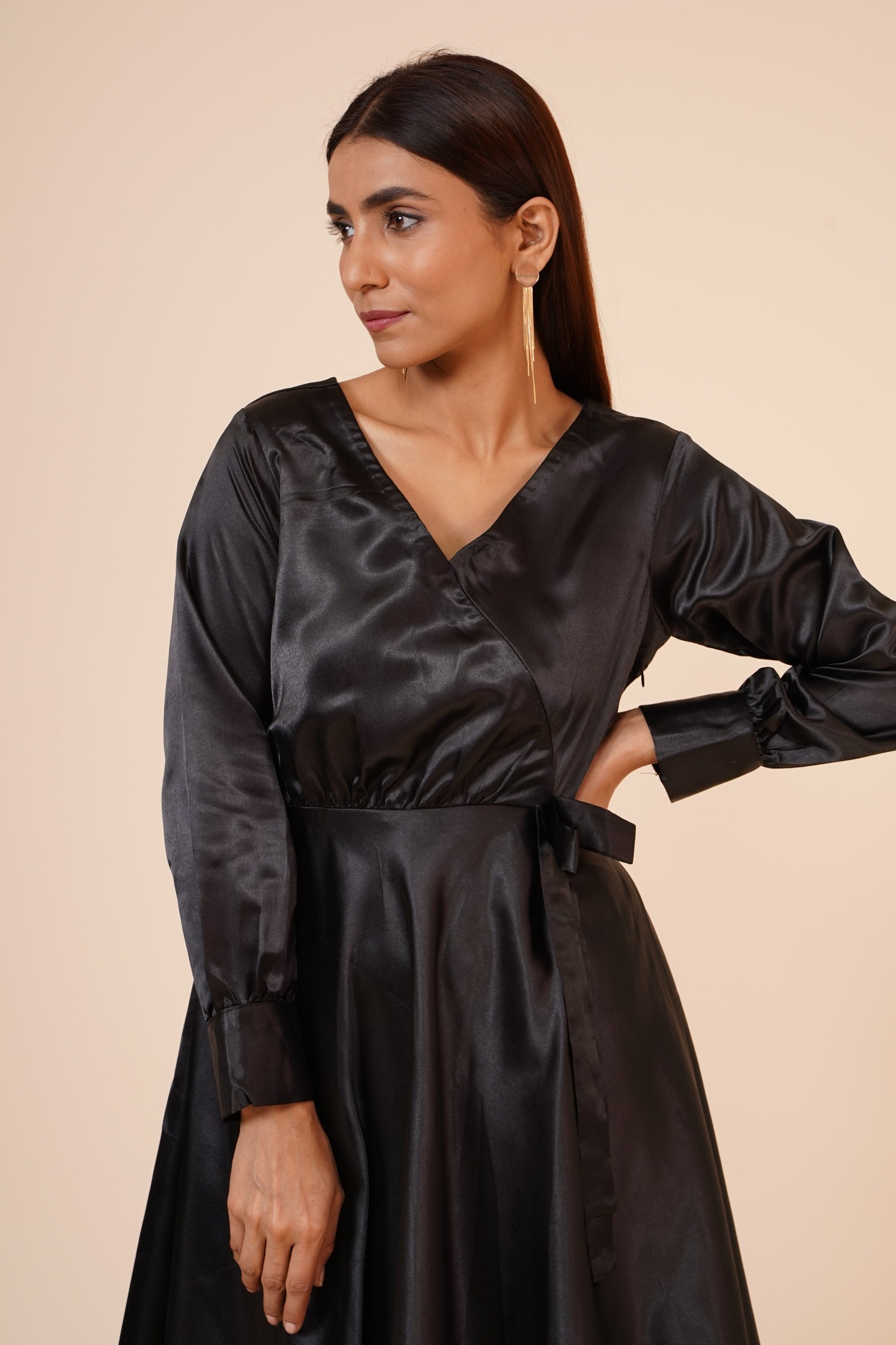 Women's Empire Line With Cuff Satin Wrap Dress Black XL | Trendia Global Women's Empire Line With Cuff Satin Wrap Dress Black XL | Trendia Global