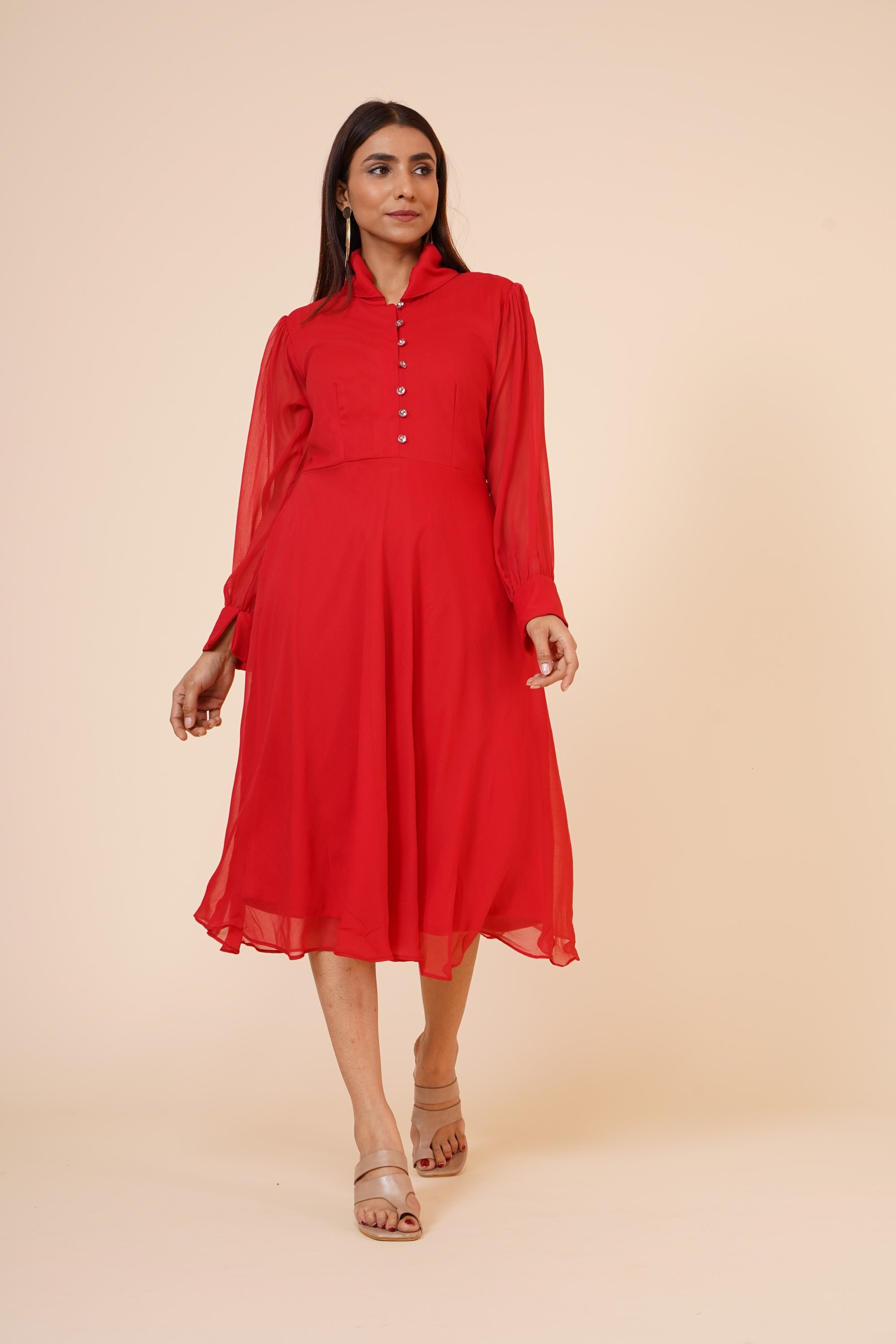 Women's Red Chiiffon Casual Midi Dress S | Trendia Global Women's Red Chiiffon Casual Midi Dress S | Trendia Global