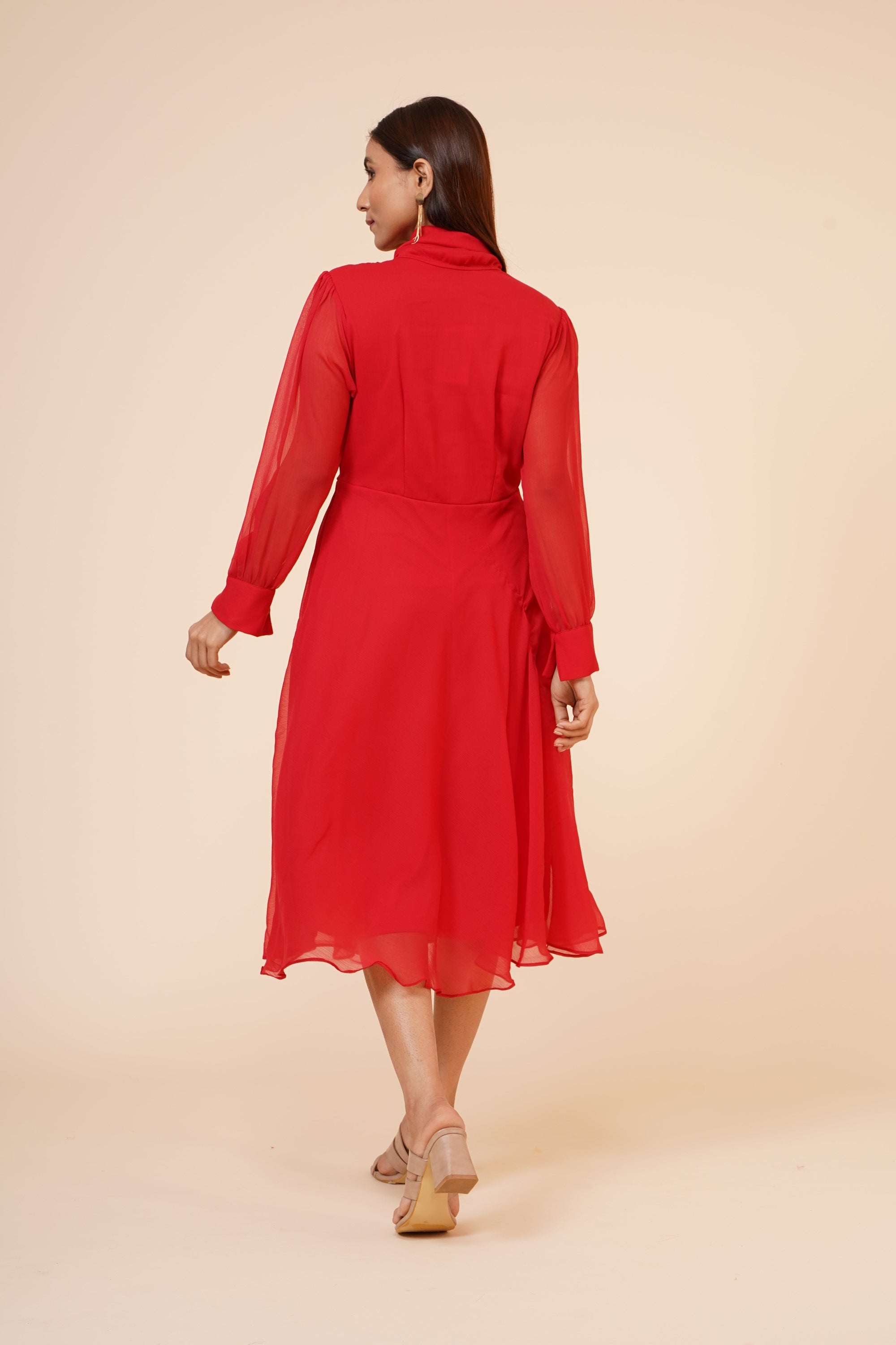 Women's Red Chiiffon Casual Midi Dress - MIRACOLOS by Ruchi