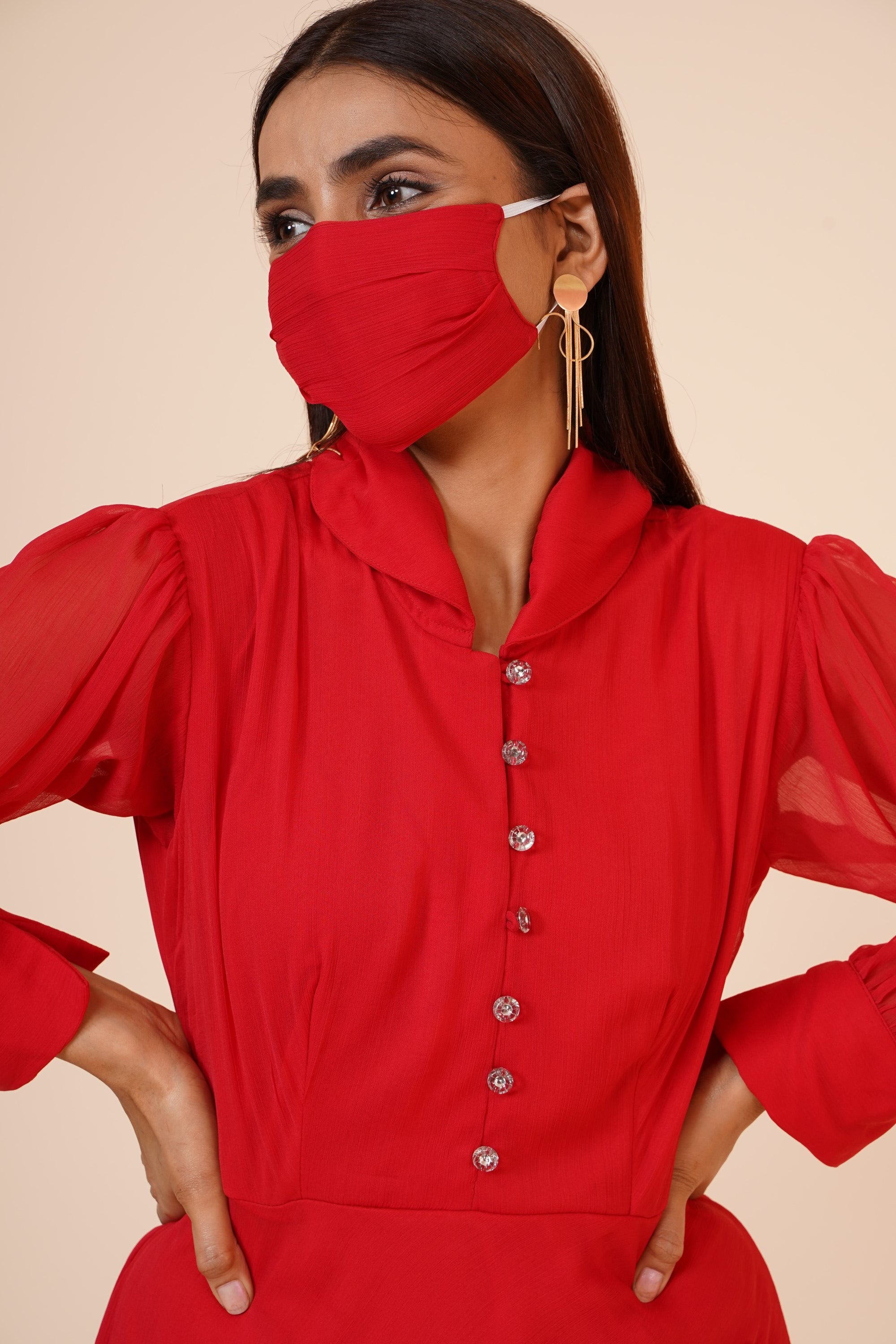 Women's Red Chiiffon Casual Midi Dress - MIRACOLOS by Ruchi