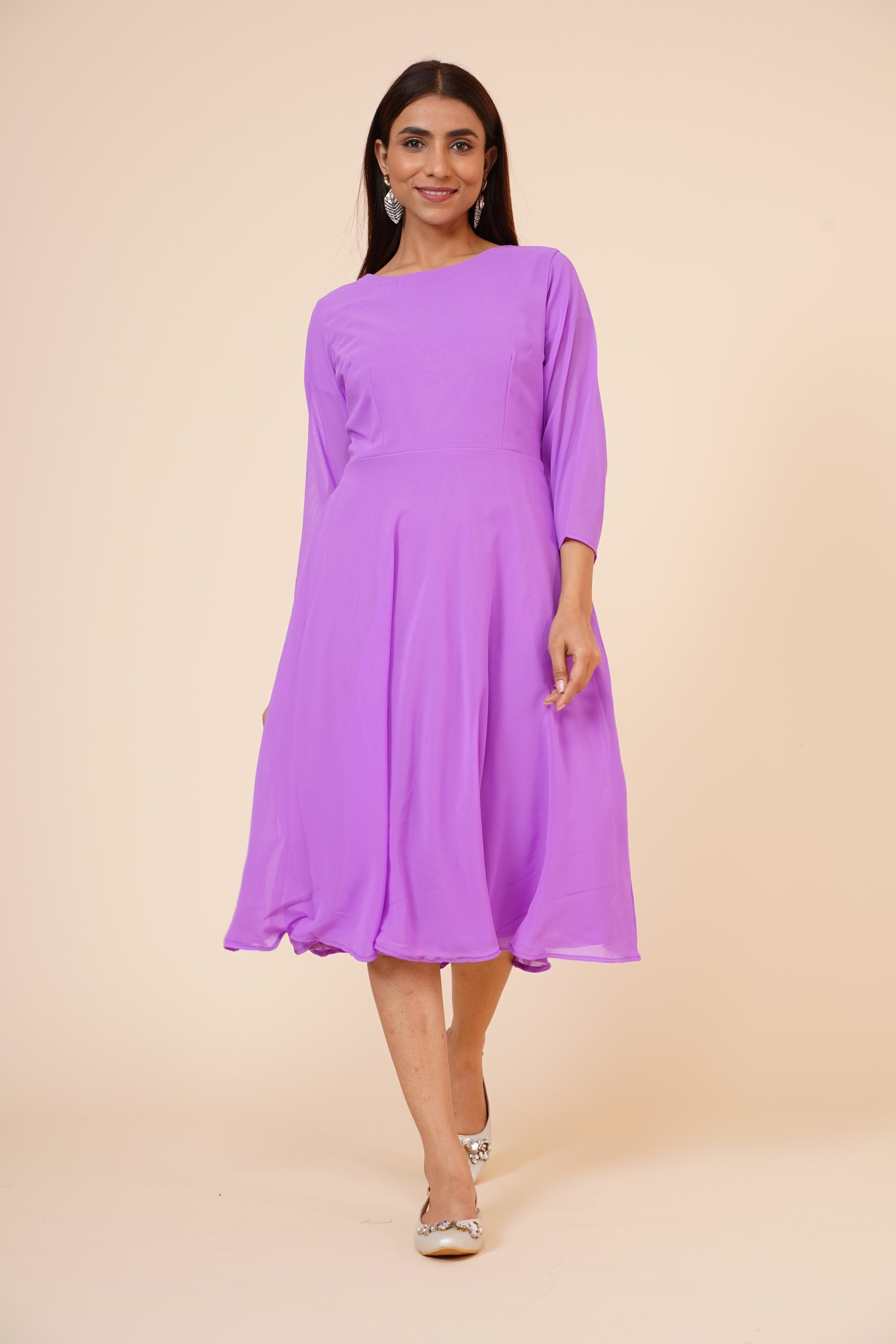 Women's Round Neck Georgette Party/ Casual Dress In Mauve - MIRACOLOS by Ruchi