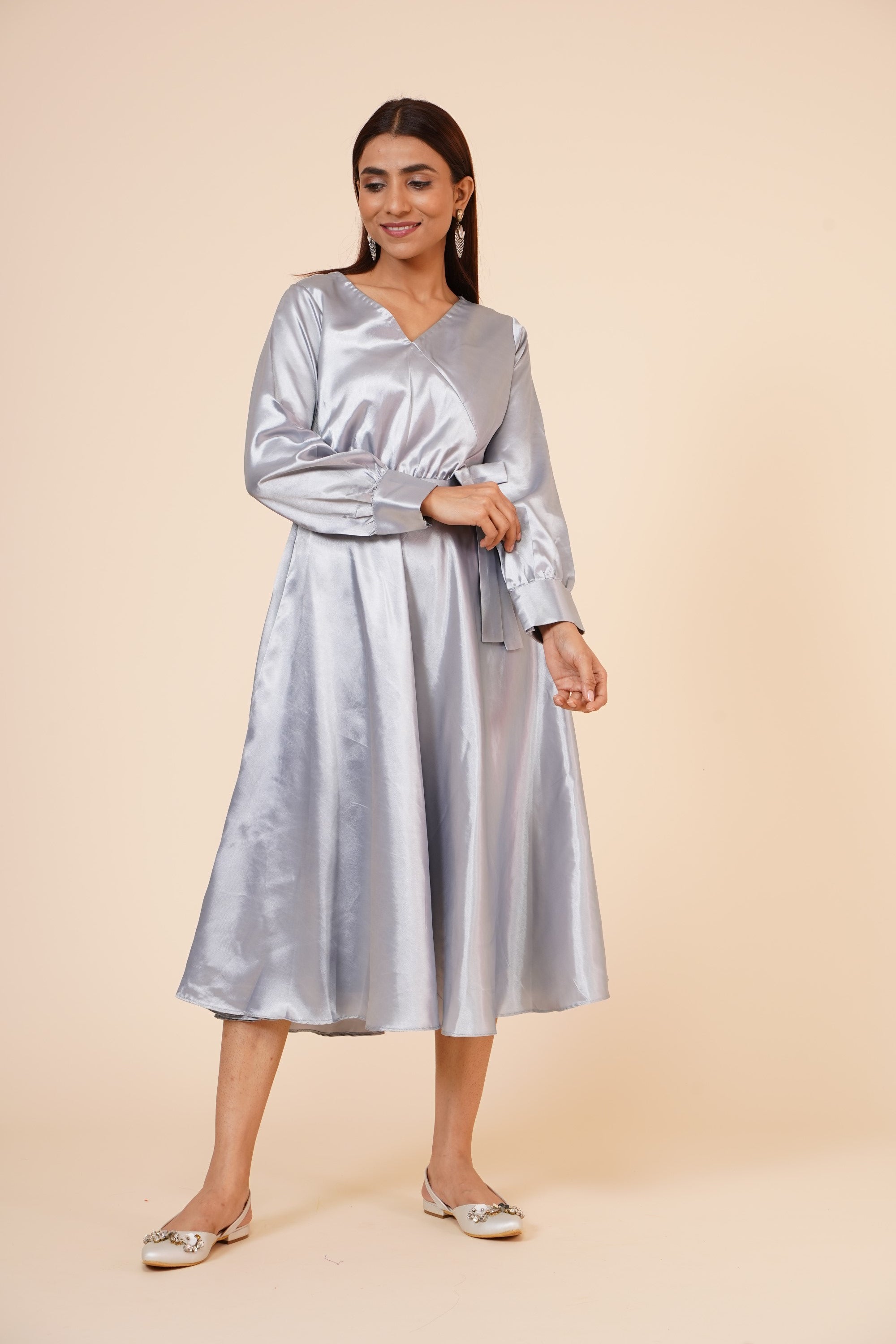 Women's Empire Line With Cuff Satin Wrap Dress Grey - MIRACOLOS by Ruchi