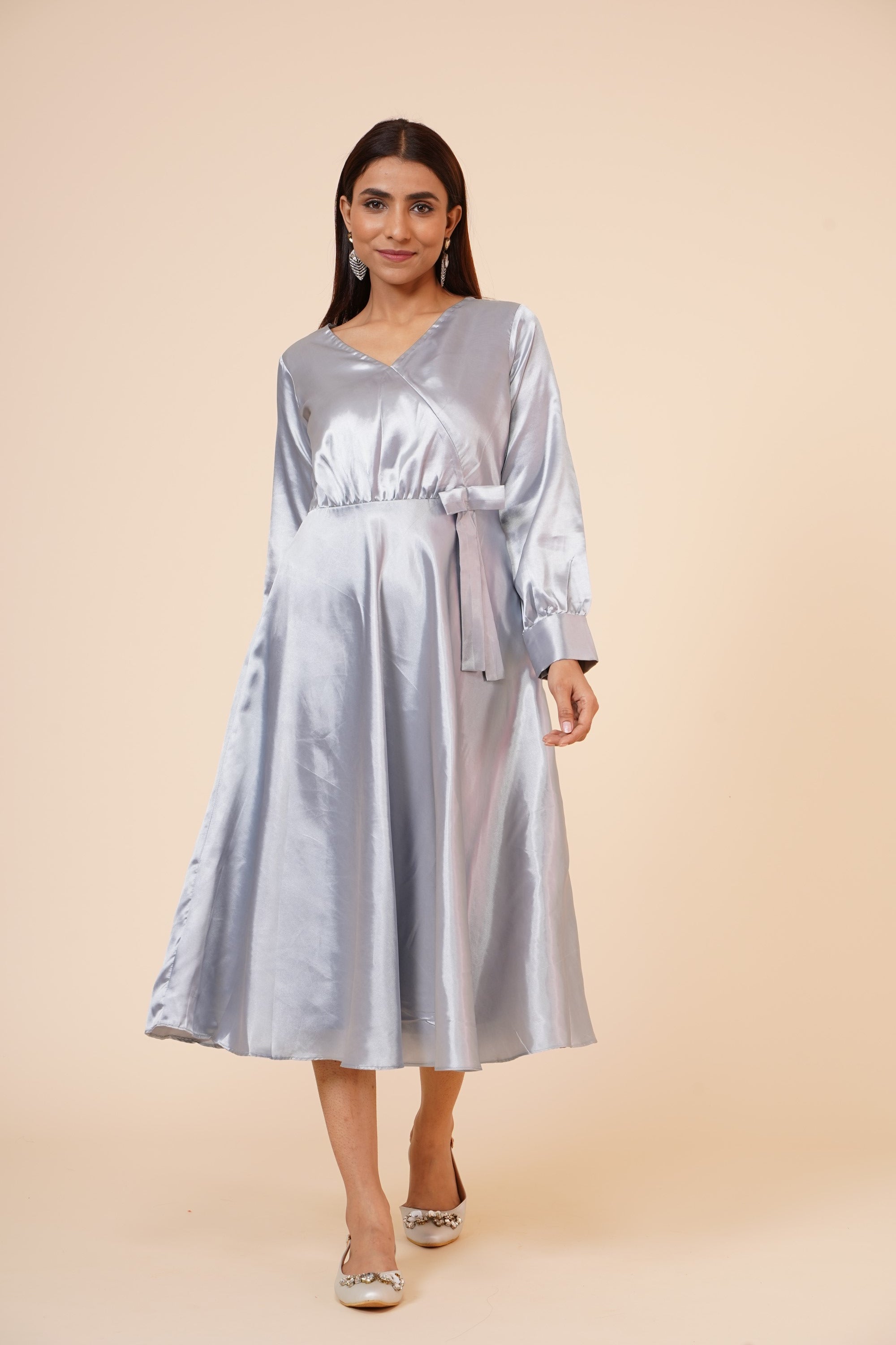 Women's Empire Line With Cuff Satin Wrap Dress Grey 2XL | Trendia Global Women's Empire Line With Cuff Satin Wrap Dress Grey 2XL | Trendia Global