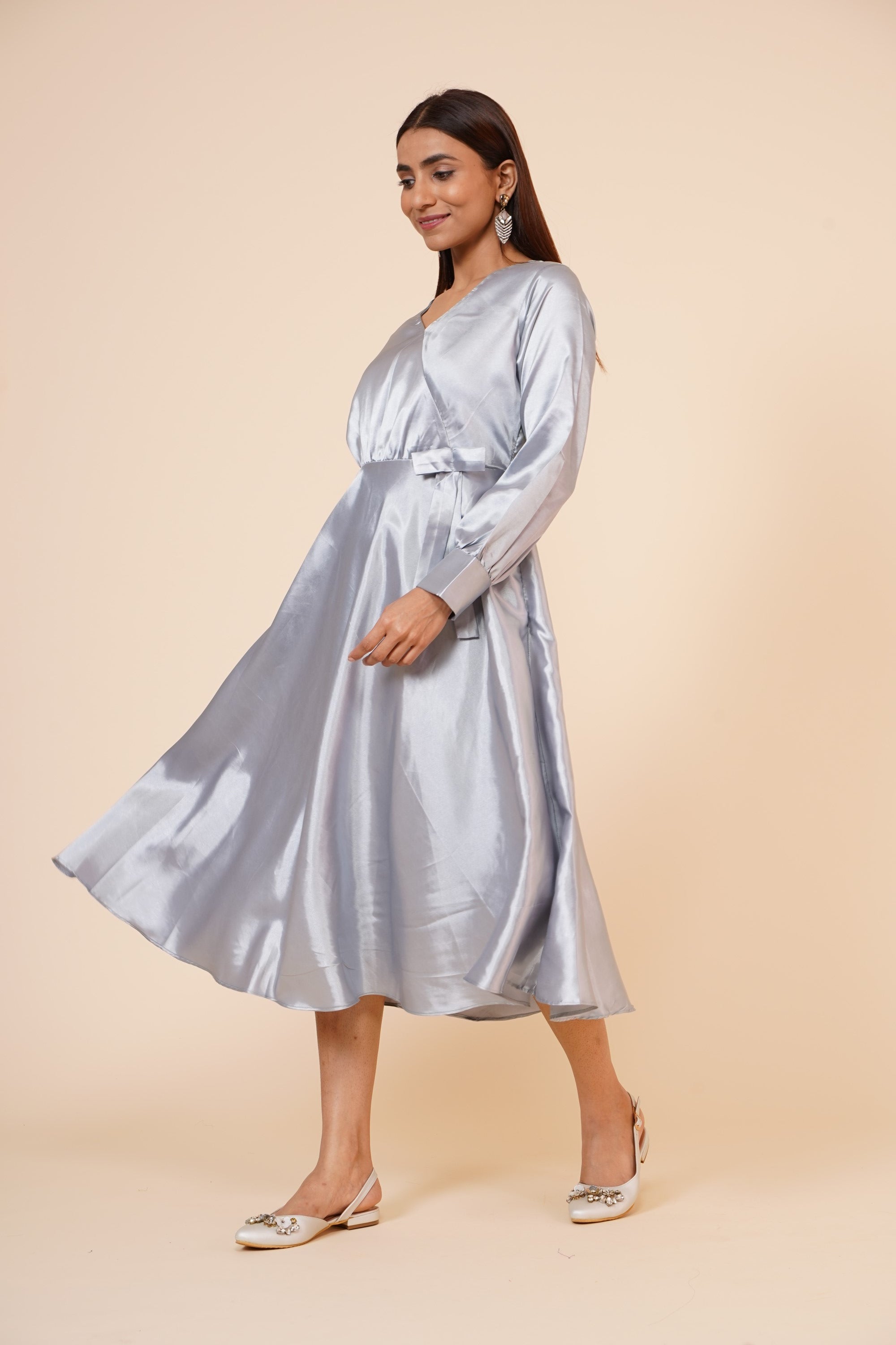 Women's Empire Line With Cuff Satin Wrap Dress Grey - MIRACOLOS by Ruchi
