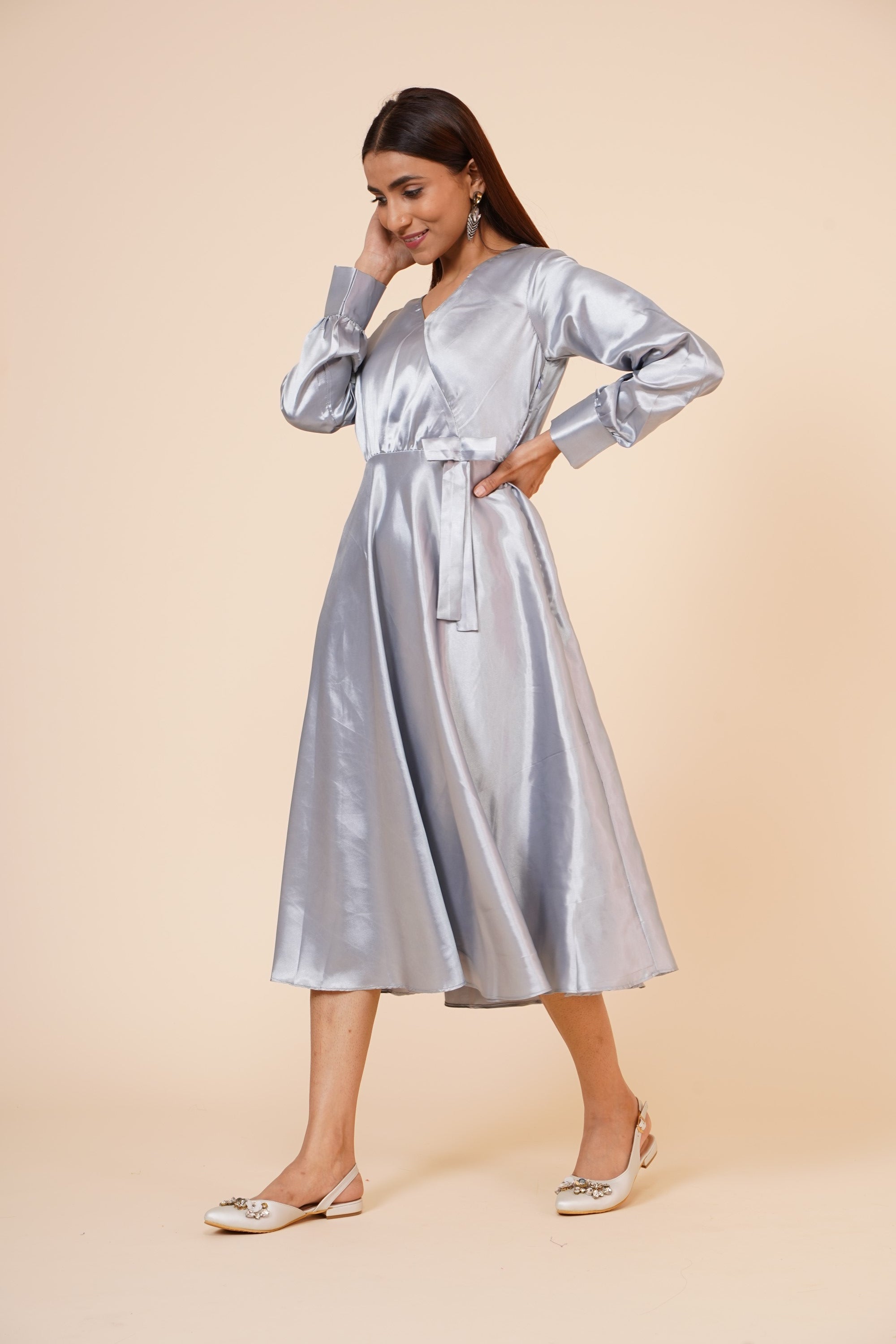 Women's Empire Line With Cuff Satin Wrap Dress Grey XXL | Trendia Global Women's Empire Line With Cuff Satin Wrap Dress Grey XXL | Trendia Global