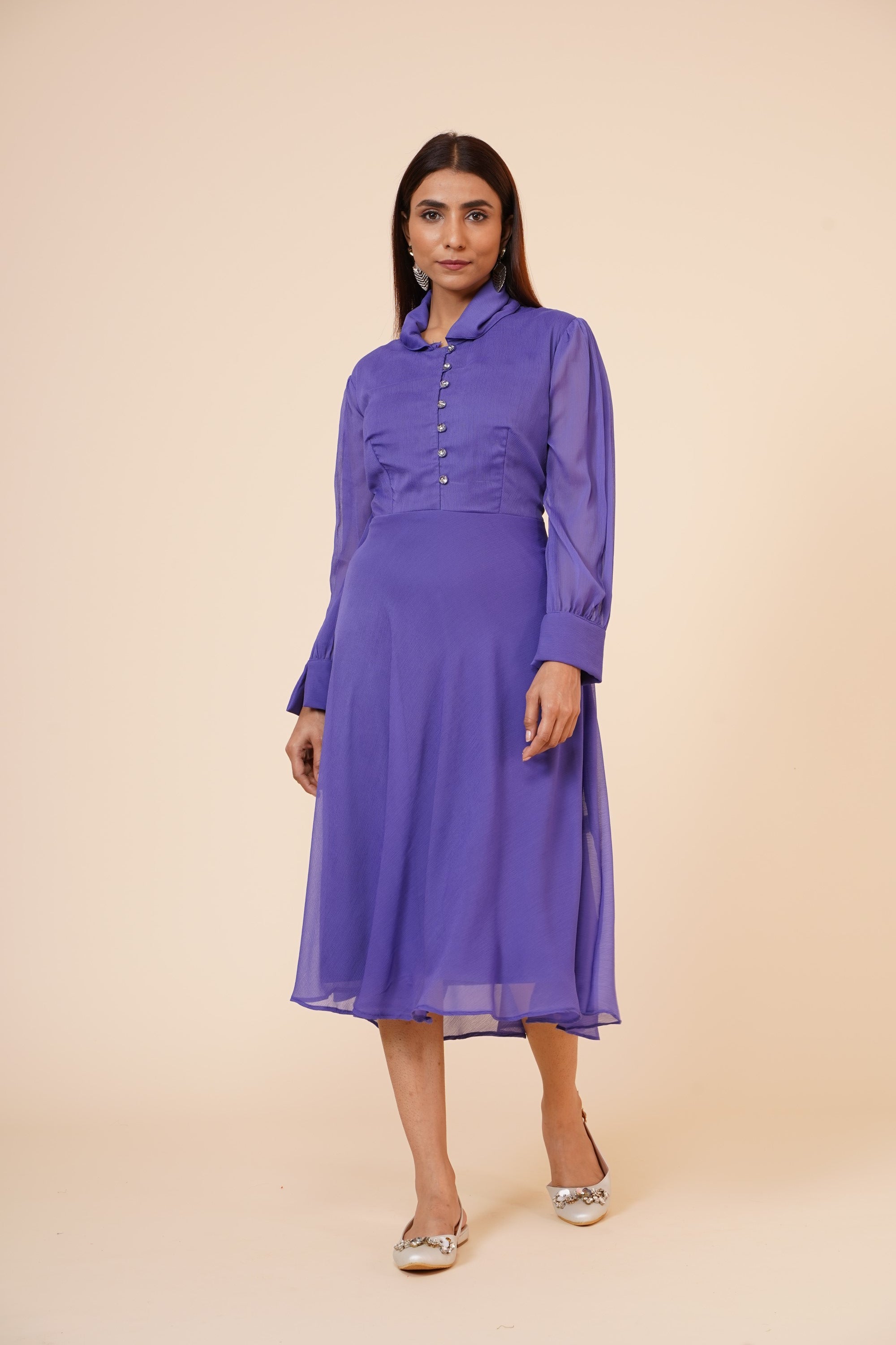 Women's Mauve Chiiffon Casual Midi Dress - MIRACOLOS by Ruchi