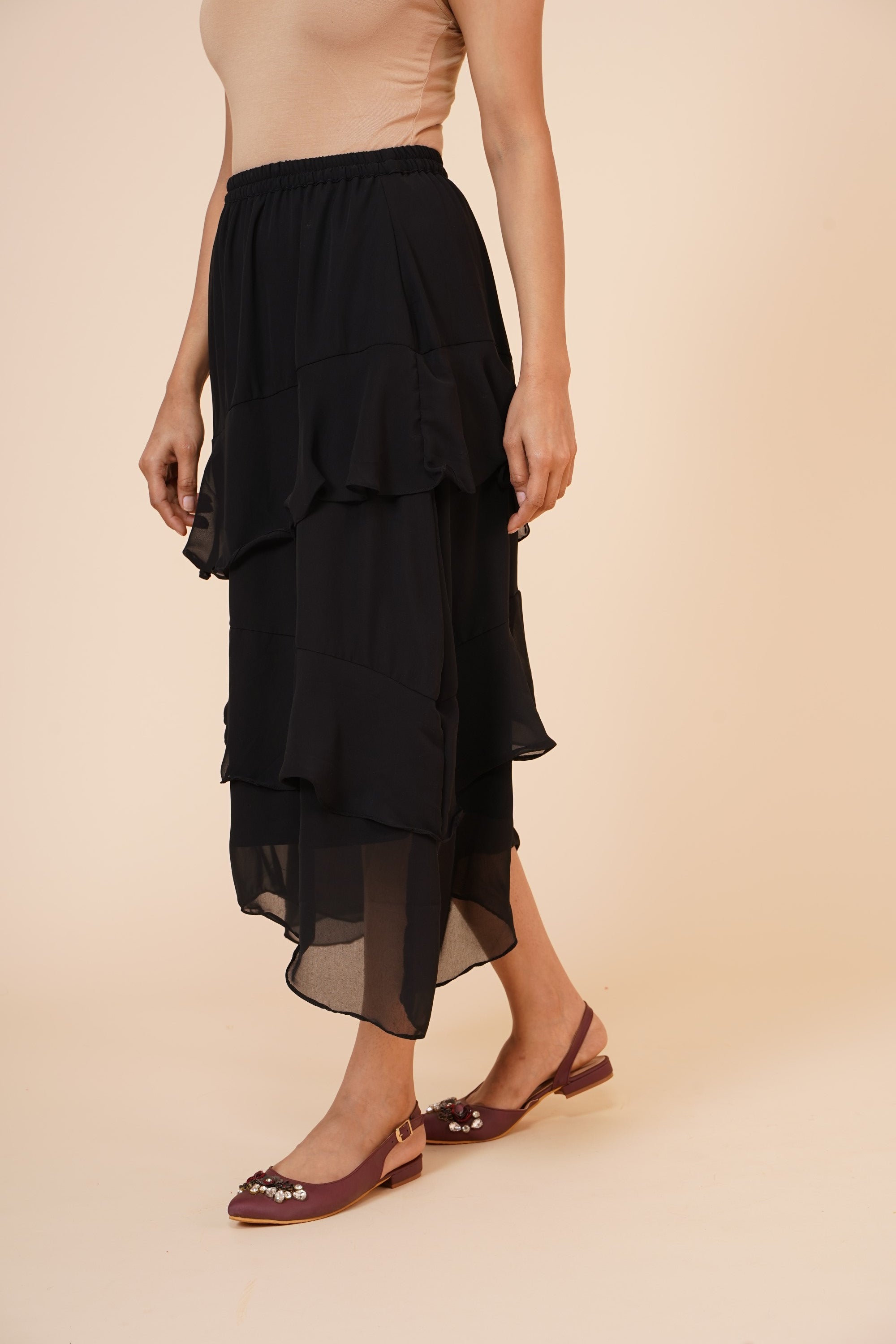 Women's Chiffon Ruffle Skirt With Elastic In Black  - MIRACOLOS by Ruchi