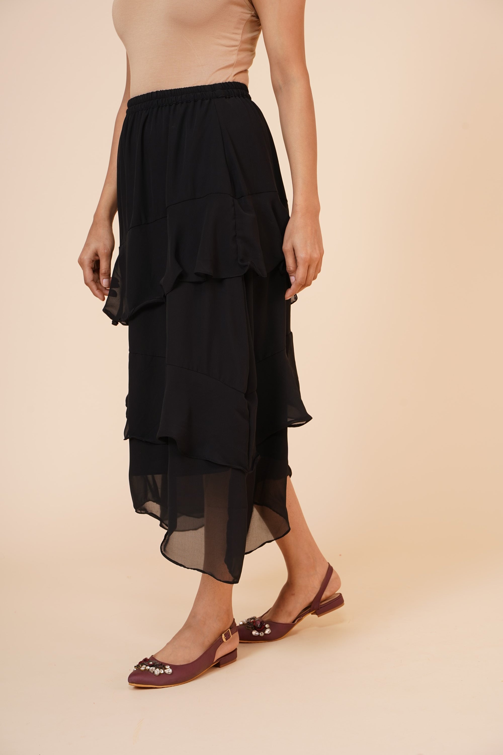 Women's Chiffon Ruffle Skirt With Elastic In Black