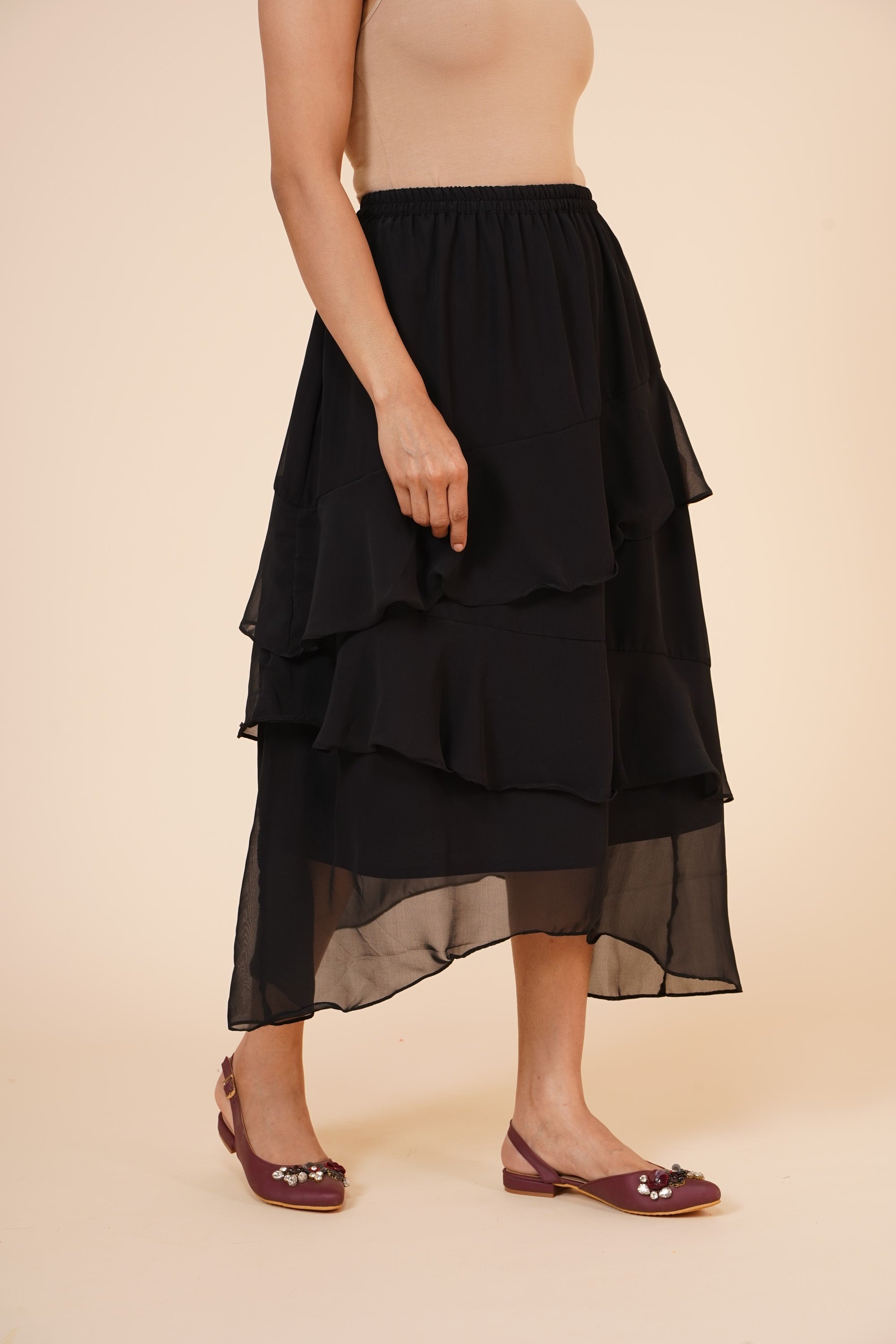 Women's Chiffon Ruffle Skirt With Elastic In Black  - MIRACOLOS by Ruchi