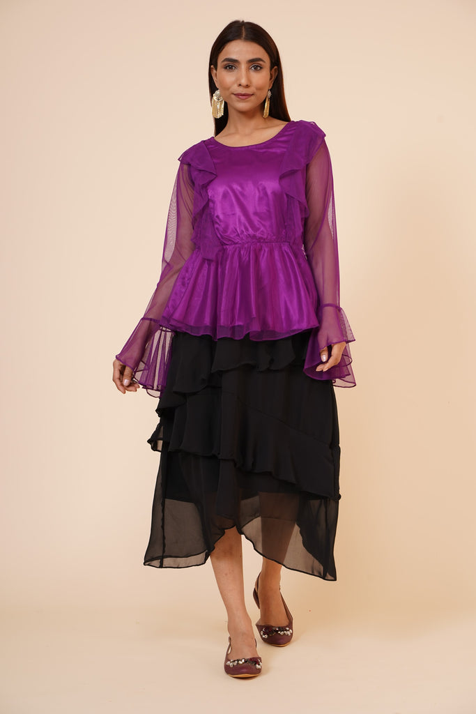 Women's Net Party Long Ruffle Sleeves Top In Purple