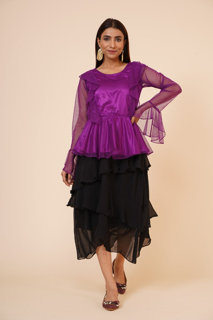 Women's Net Party Long Ruffle Sleeves Top In Purple