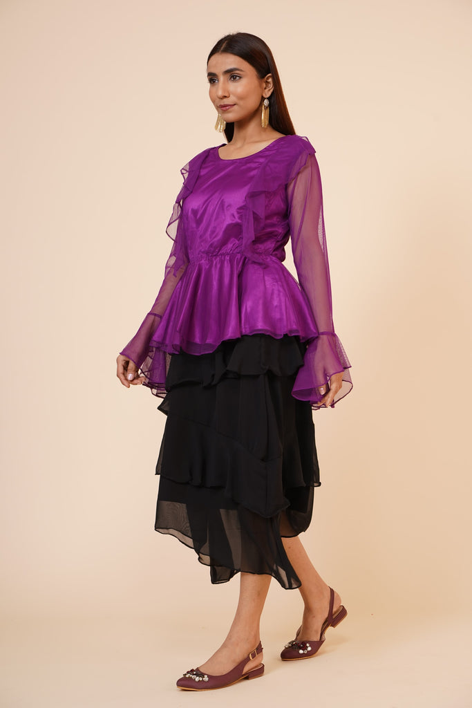 Women's Net Party Long Ruffle Sleeves Top In Purple