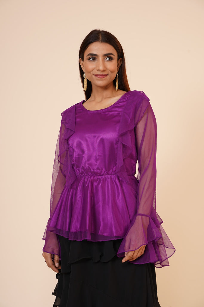 Women's Net Party Long Ruffle Sleeves Top In Purple