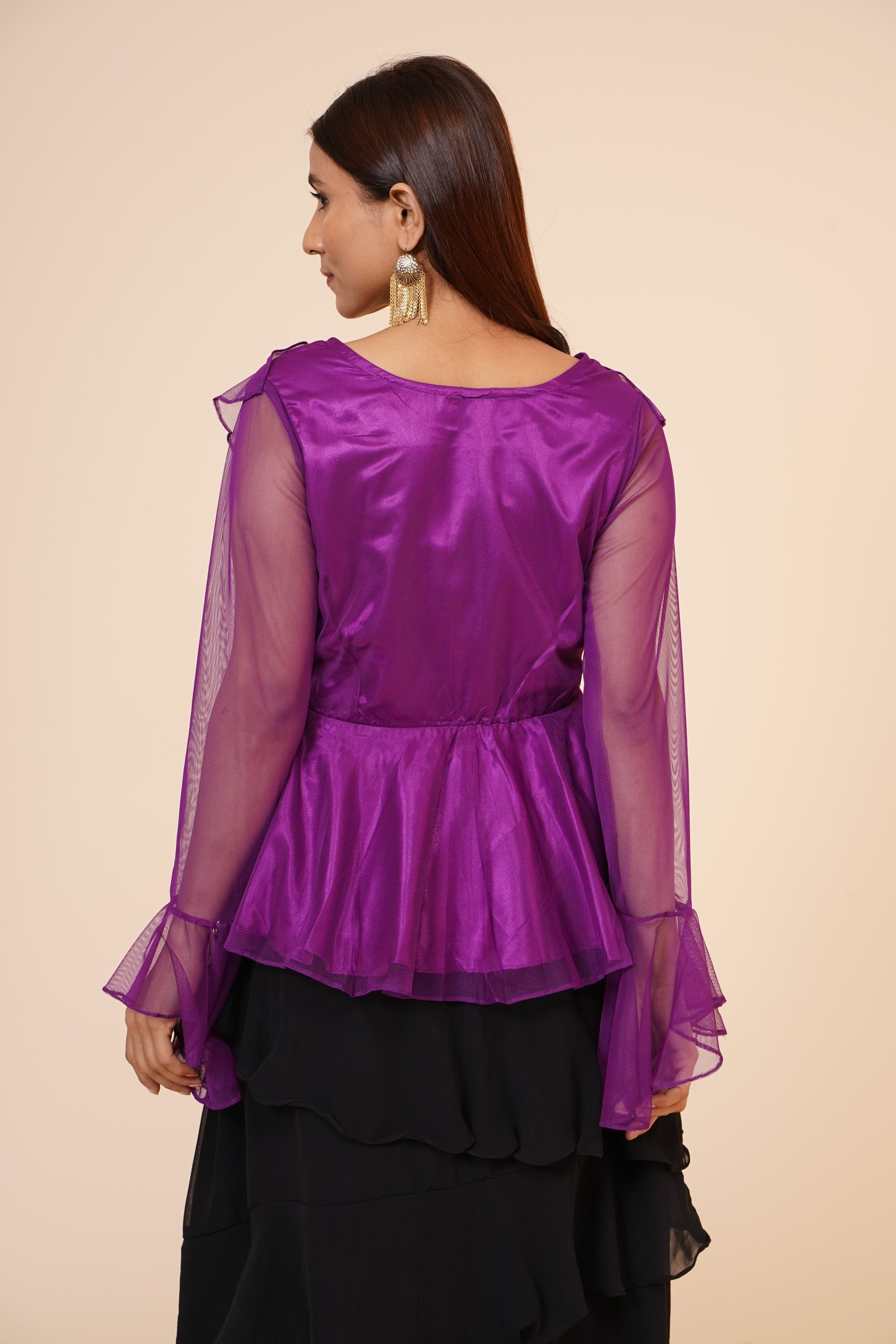 Women's Net Party Long Ruffle Sleeves Top In Purple - MIRACOLOS by Ruchi