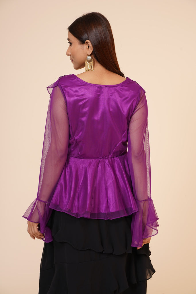 Women's Net Party Long Ruffle Sleeves Top In Purple