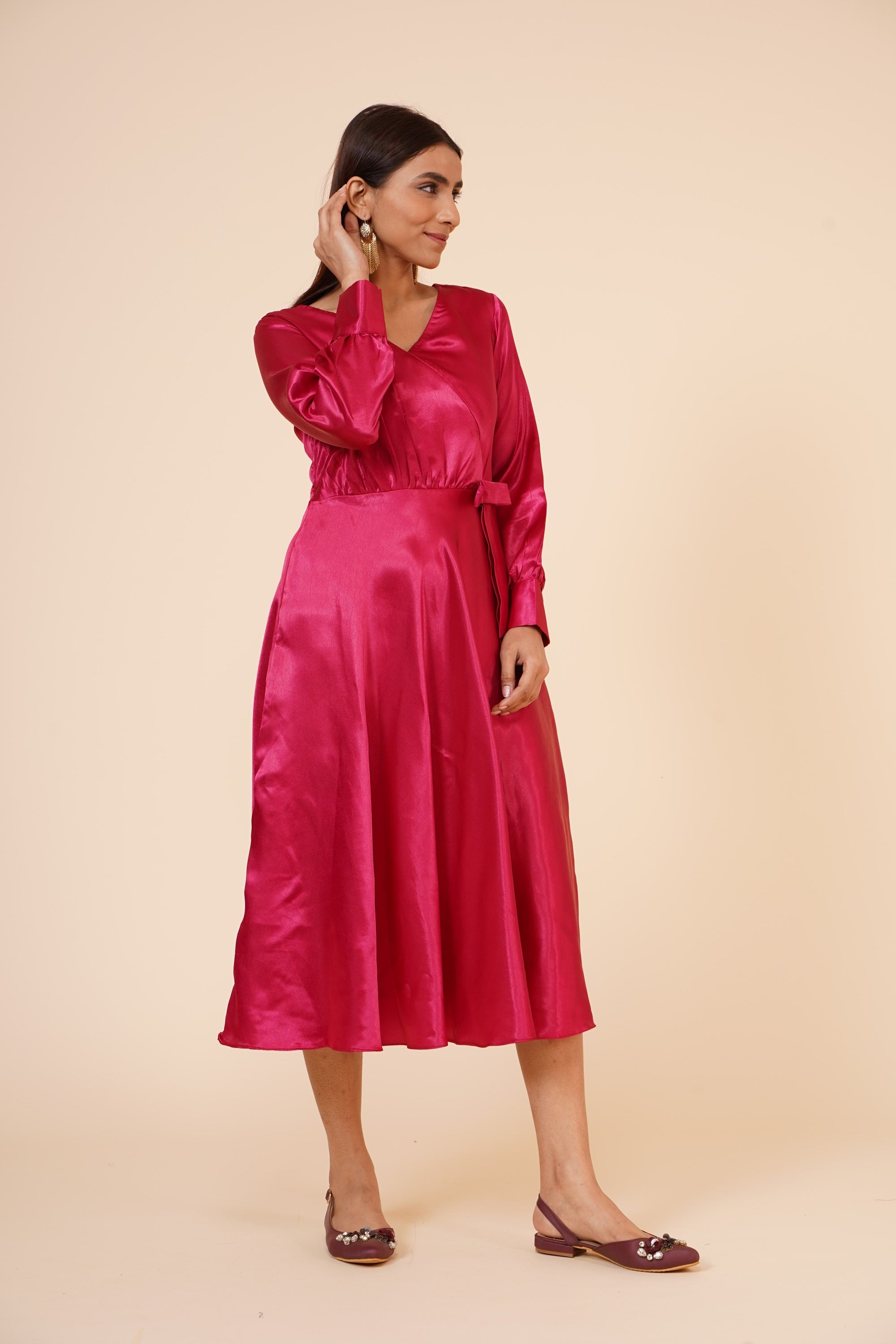 Women's Empire Line with Cuff Satin Wrap Dress Maroon XXL | Trendia Global Women's Empire Line with Cuff Satin Wrap Dress Maroon XXL | Trendia Global