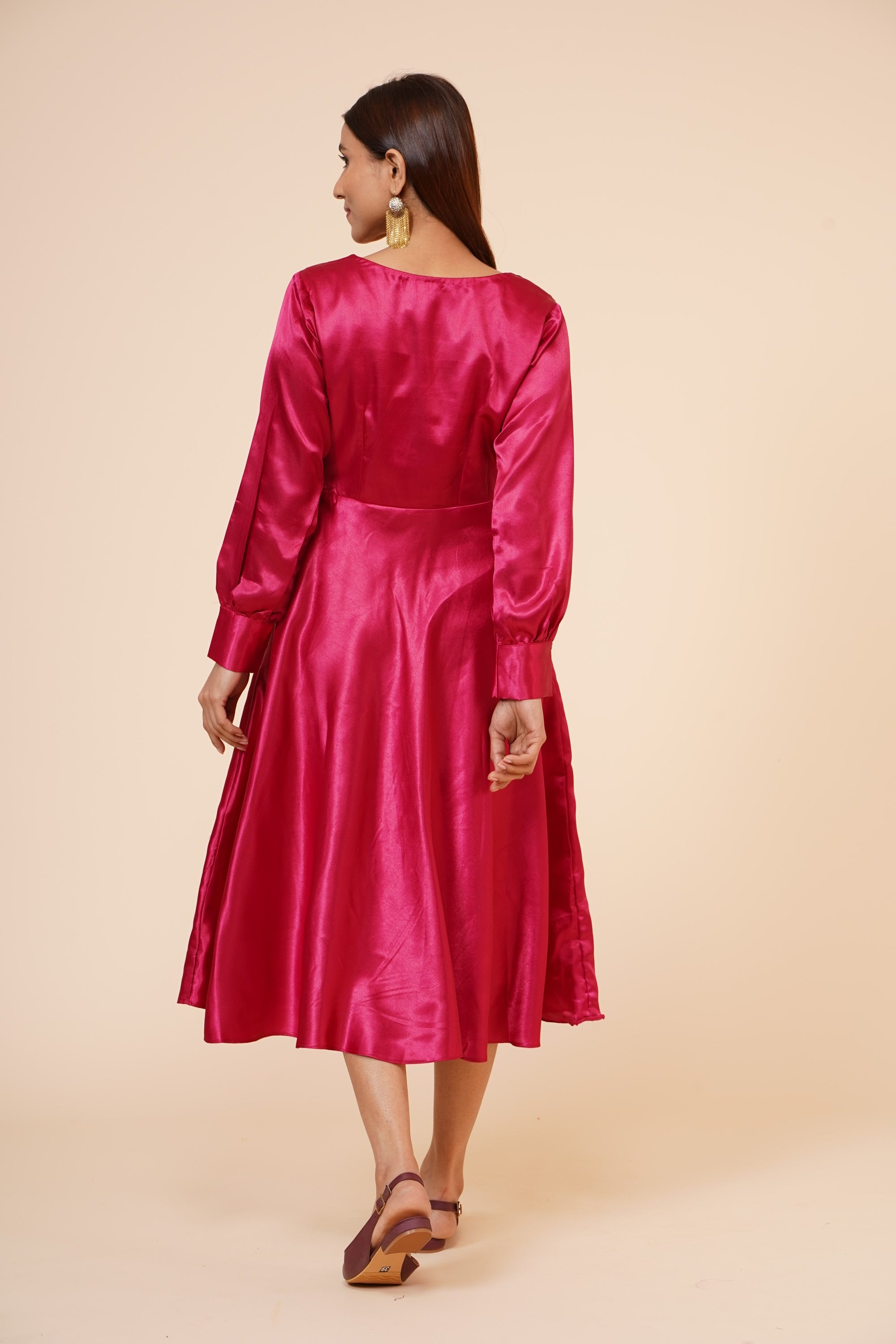 Women's Empire Line With Cuff Satin Wrap Dress Maroon - MIRACOLOS by Ruchi
