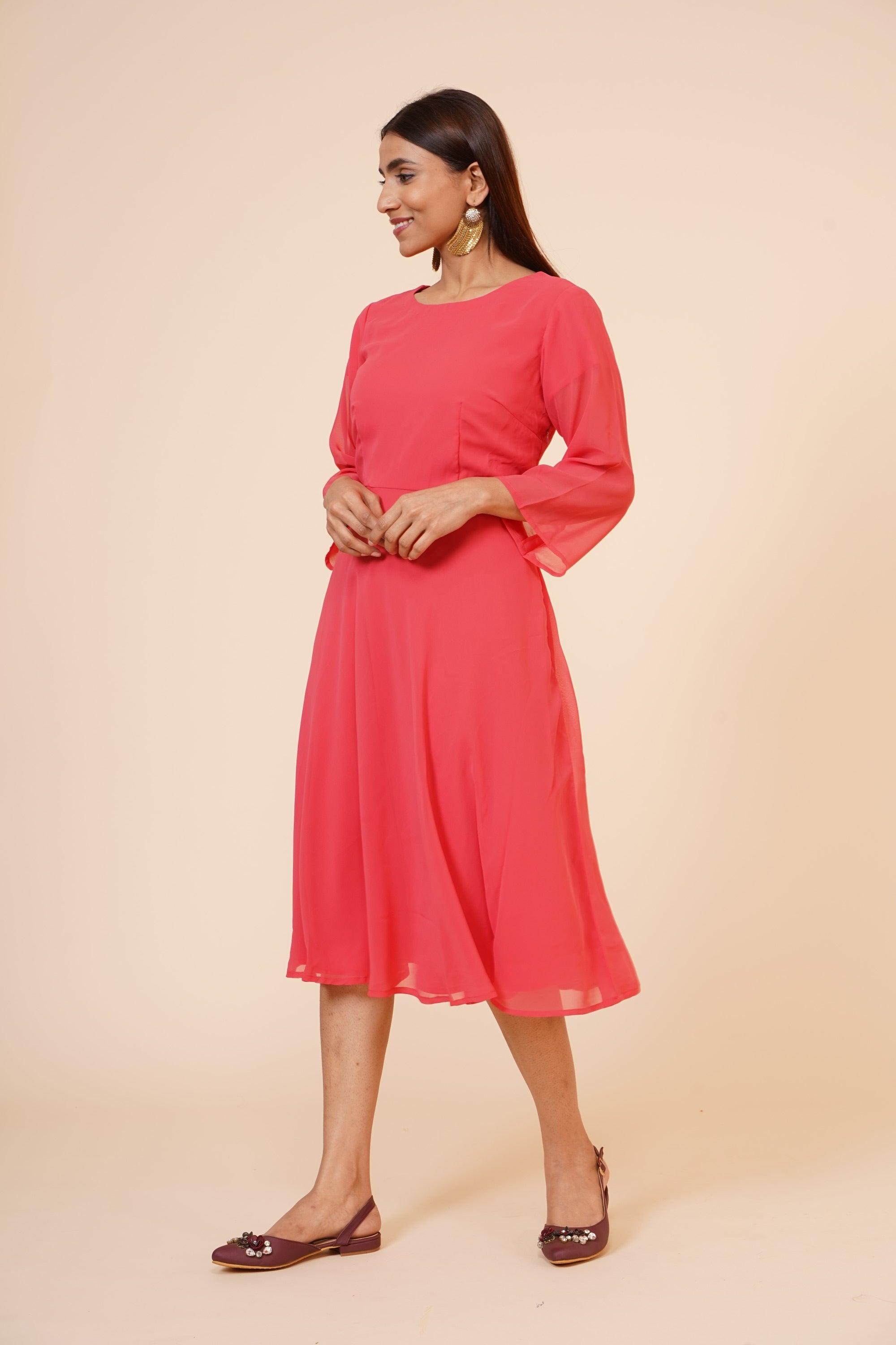 Women's Round Neck Georgette Party/ Casual Dress In Peach - MIRACOLOS by Ruchi