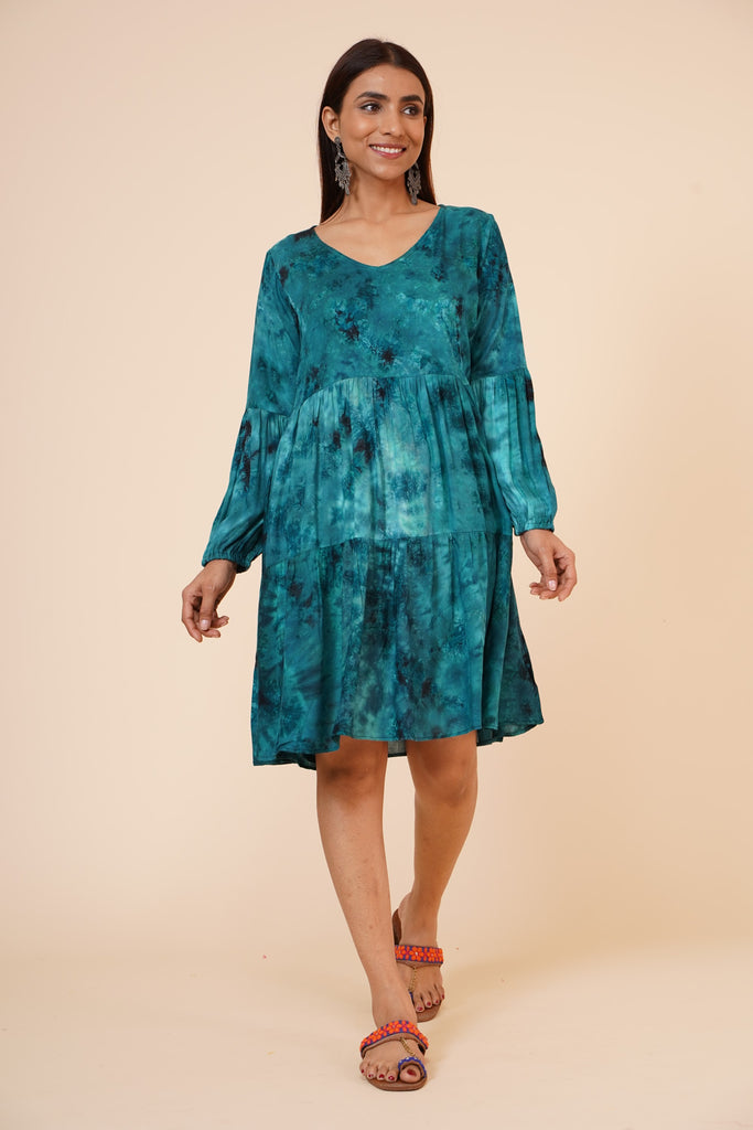 Women's Indian Tie N Dye Kurti With Balloon Sleeves In Blue
