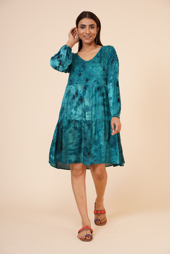 Women's Indian Tie N Dye Kurti With Balloon Sleeves In Blue
