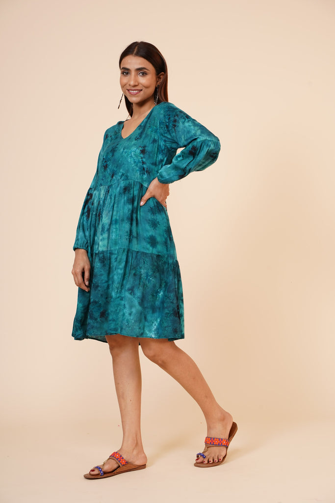 Women's Indian Tie N Dye Kurti With Balloon Sleeves In Blue