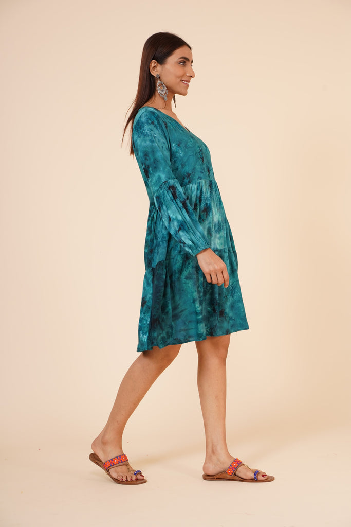 Women's Indian Tie N Dye Kurti With Balloon Sleeves In Blue