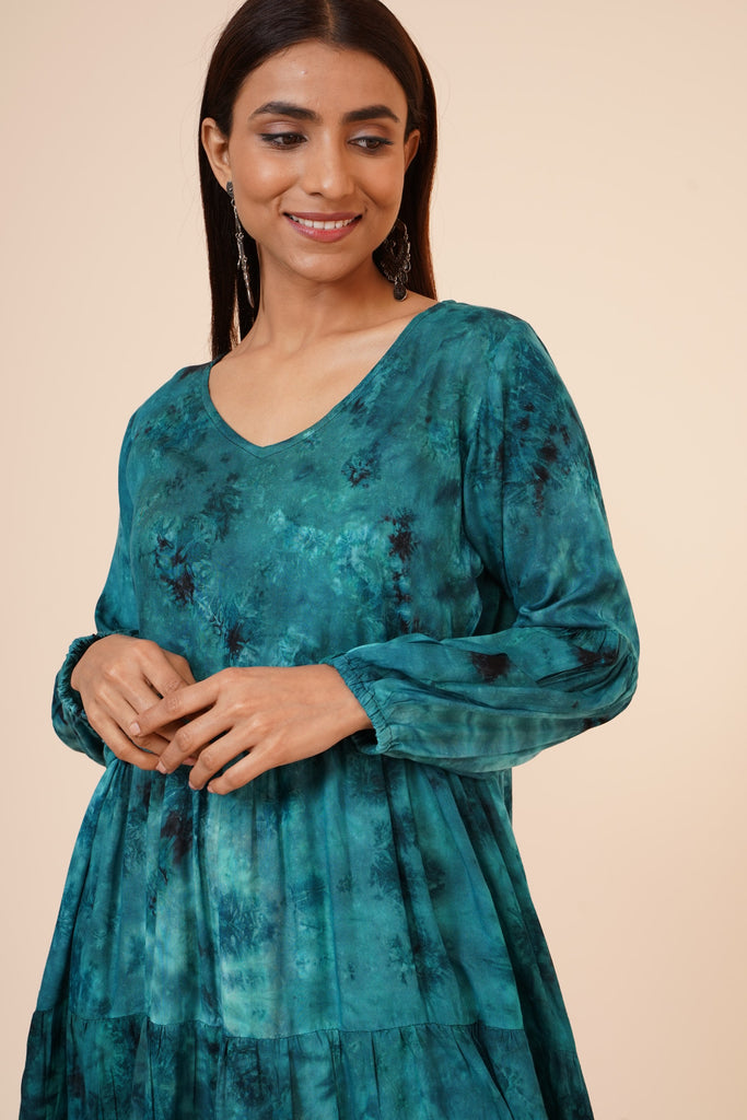 Women's Indian Tie N Dye Kurti With Balloon Sleeves In Blue