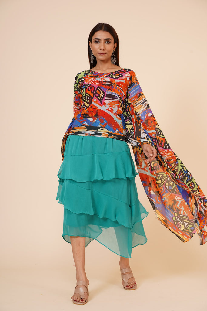 Women's Digital Printed Georgette Party Long Asymmetrical Kimono Sleeves Top With Inner
