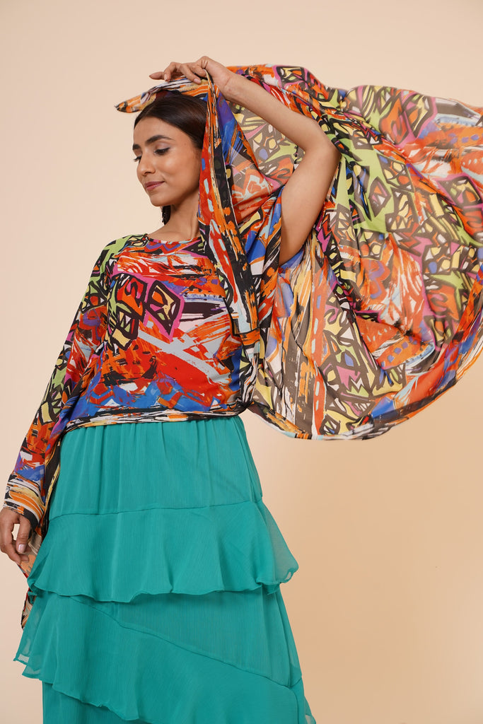 Women's Digital Printed Georgette Party Long Asymmetrical Kimono Sleeves Top With Inner