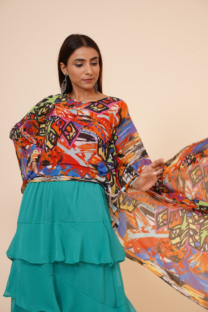 Women's Digital Printed Georgette Party Long Asymmetrical Kimono Sleeves Top With Inner