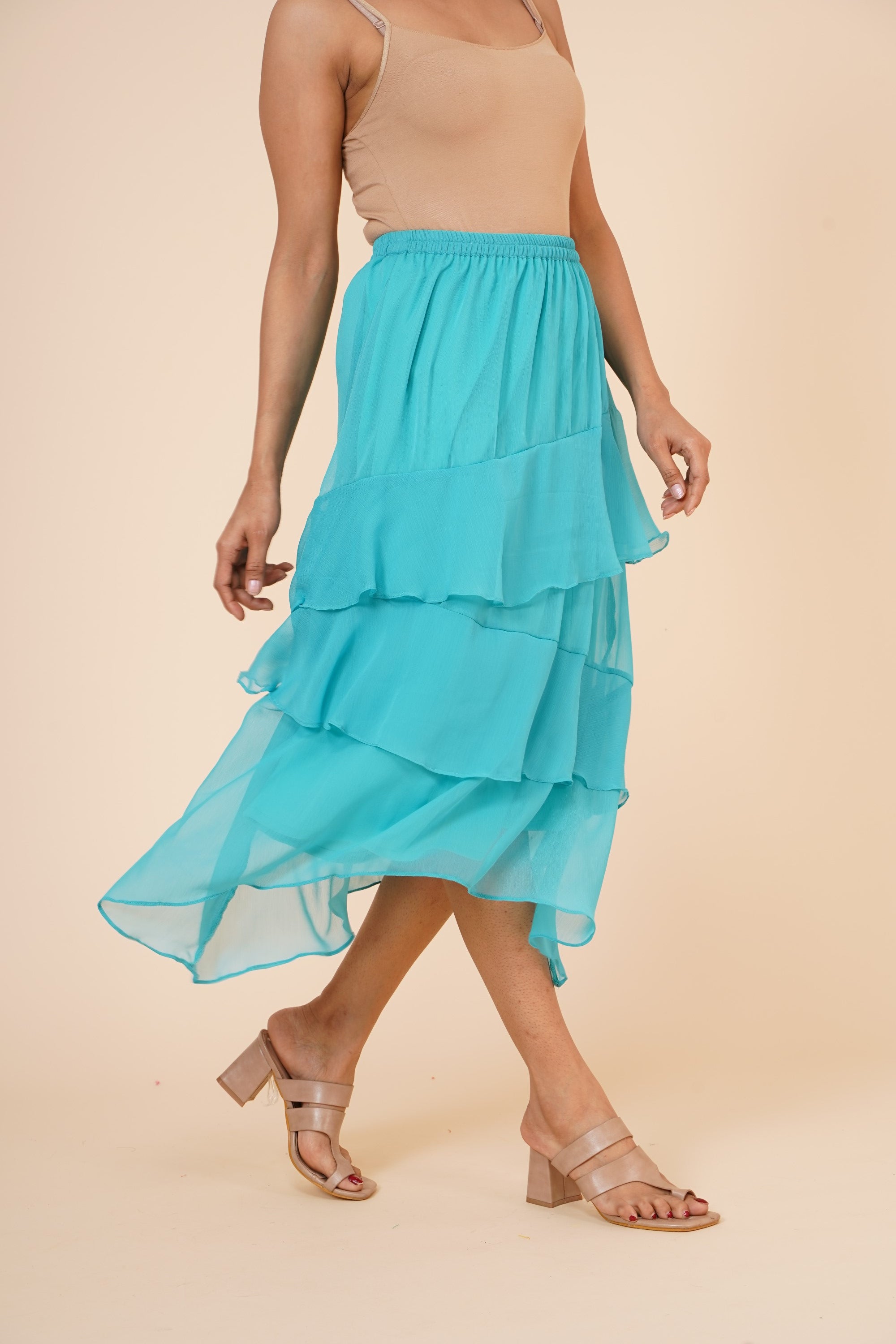 Women's Chiffon Ruffle Skirt With Elastic In Sky Blue - MIRACOLOS by Ruchi