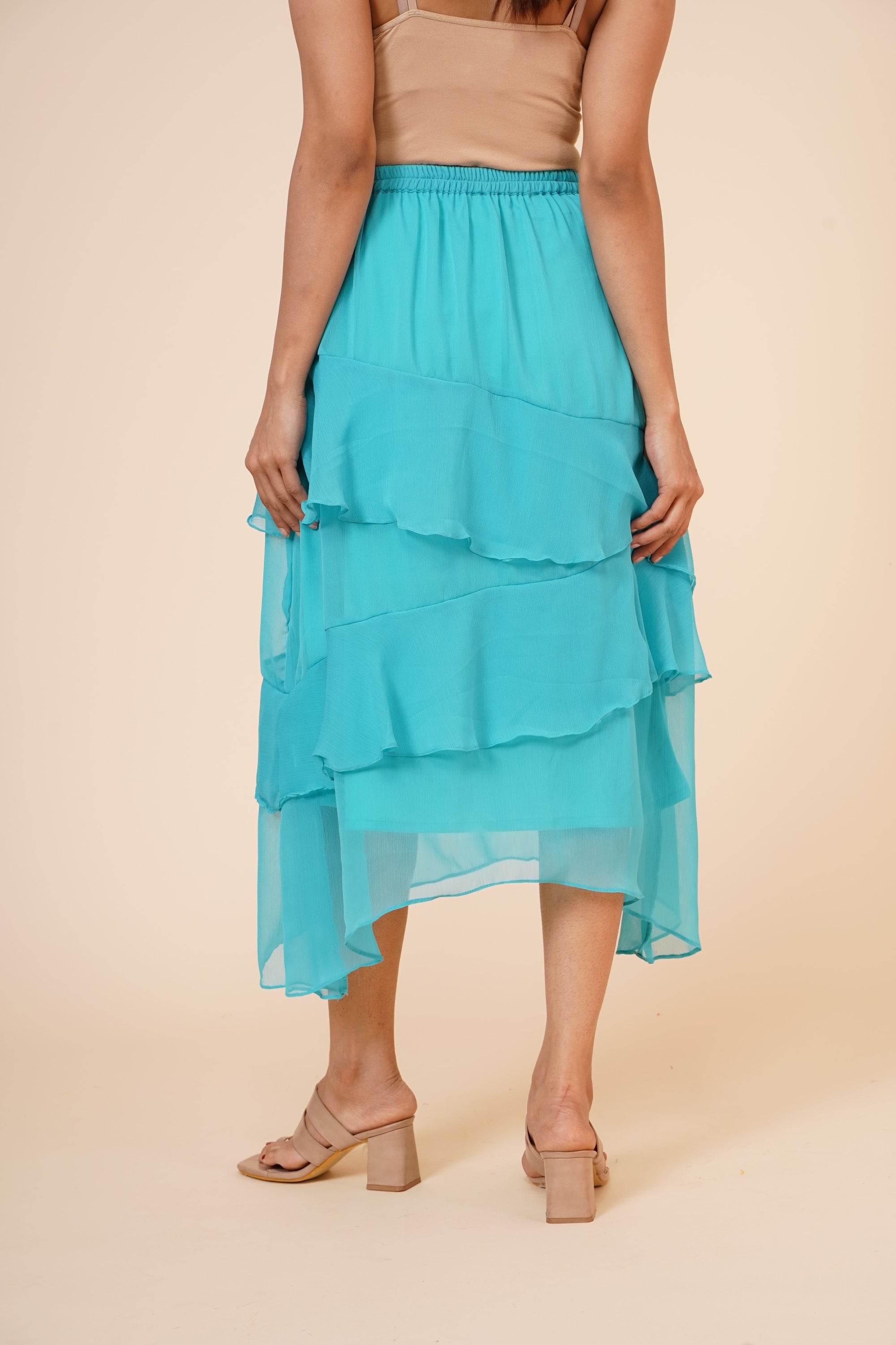 Women's Chiffon Ruffle Skirt With Elastic In Sky Blue - MIRACOLOS by Ruchi