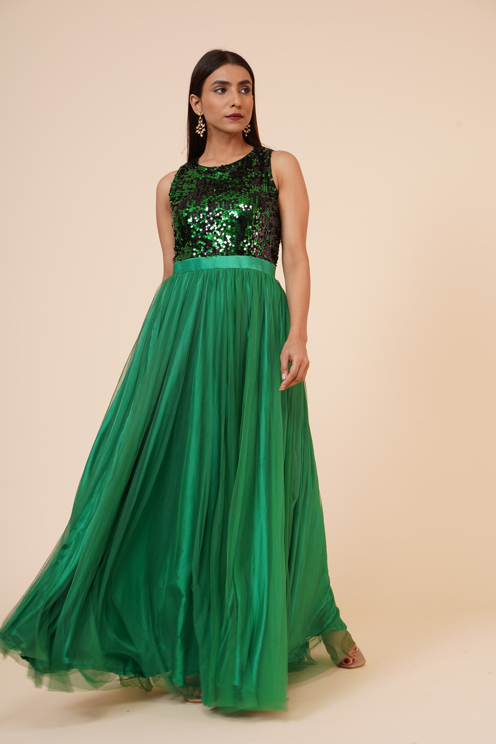 Women's Green Sequins Gown With Sequins Yoke And Net Flare  - MIRACOLOS by Ruchi
