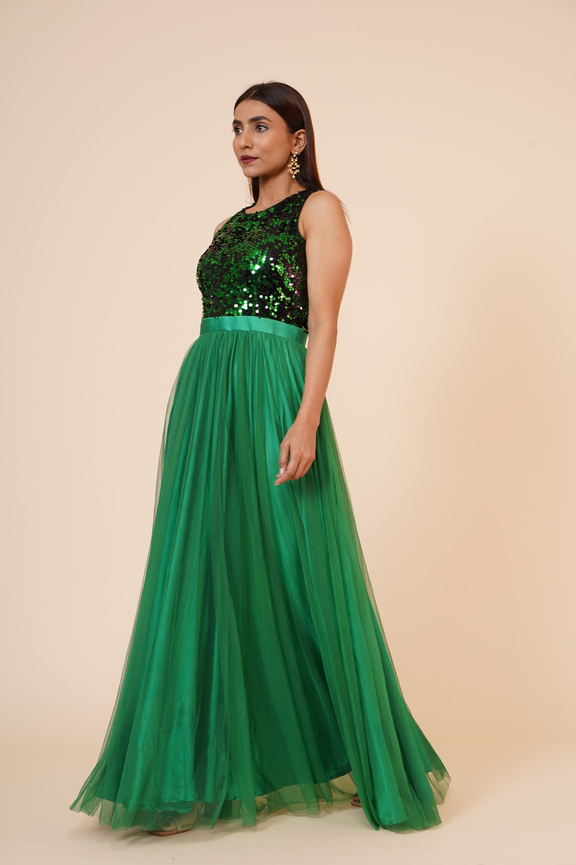 green sequin maxi dress Women's Green Sequins Gown With Sequins Yoke And Net Flare S