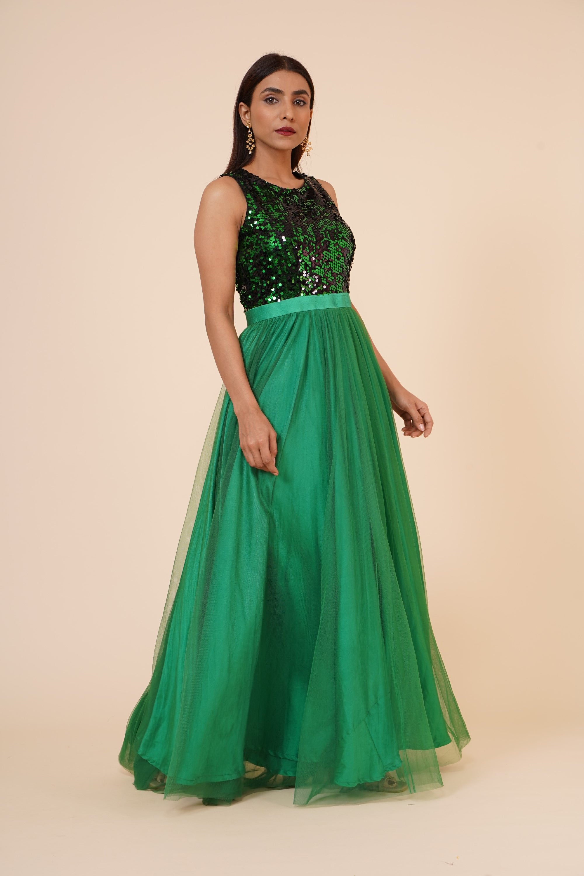 Women's Green Sequins Gown with Sequins Yoke and Net Flare S | Trendia Global Women's Green Sequins Gown with Sequins Yoke and Net Flare S | Trendia Global