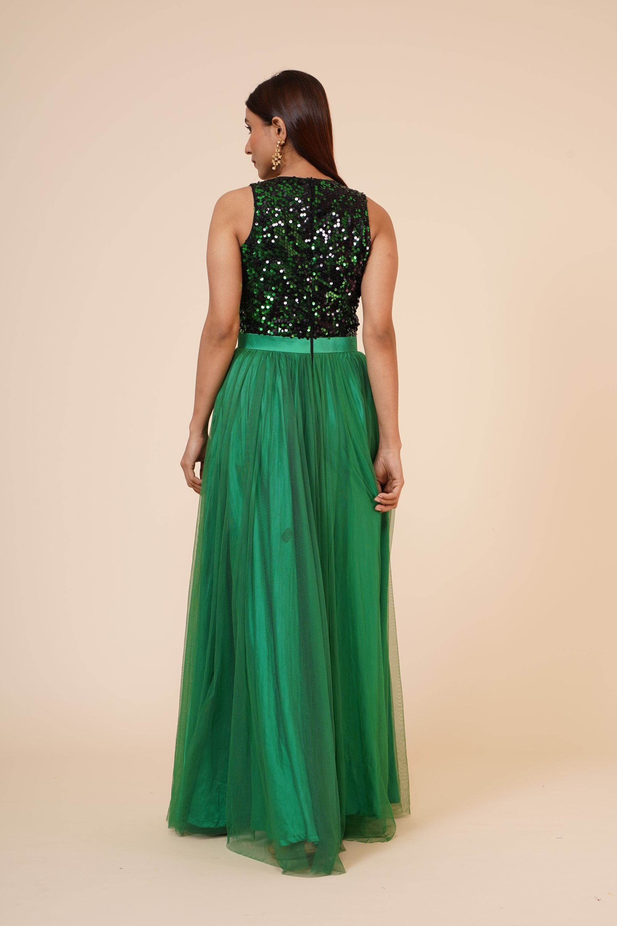 Women's Green Sequins Gown With Sequins Yoke And Net Flare  - MIRACOLOS by Ruchi