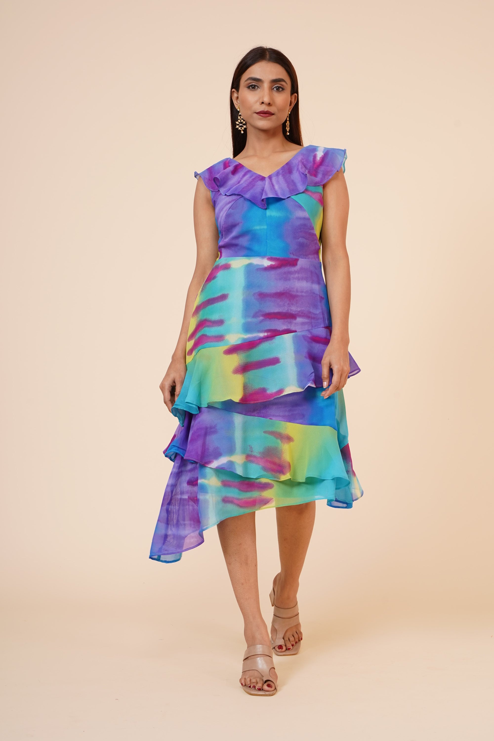 Women's Multicolor Printed Georgette  Ruffle   Dress