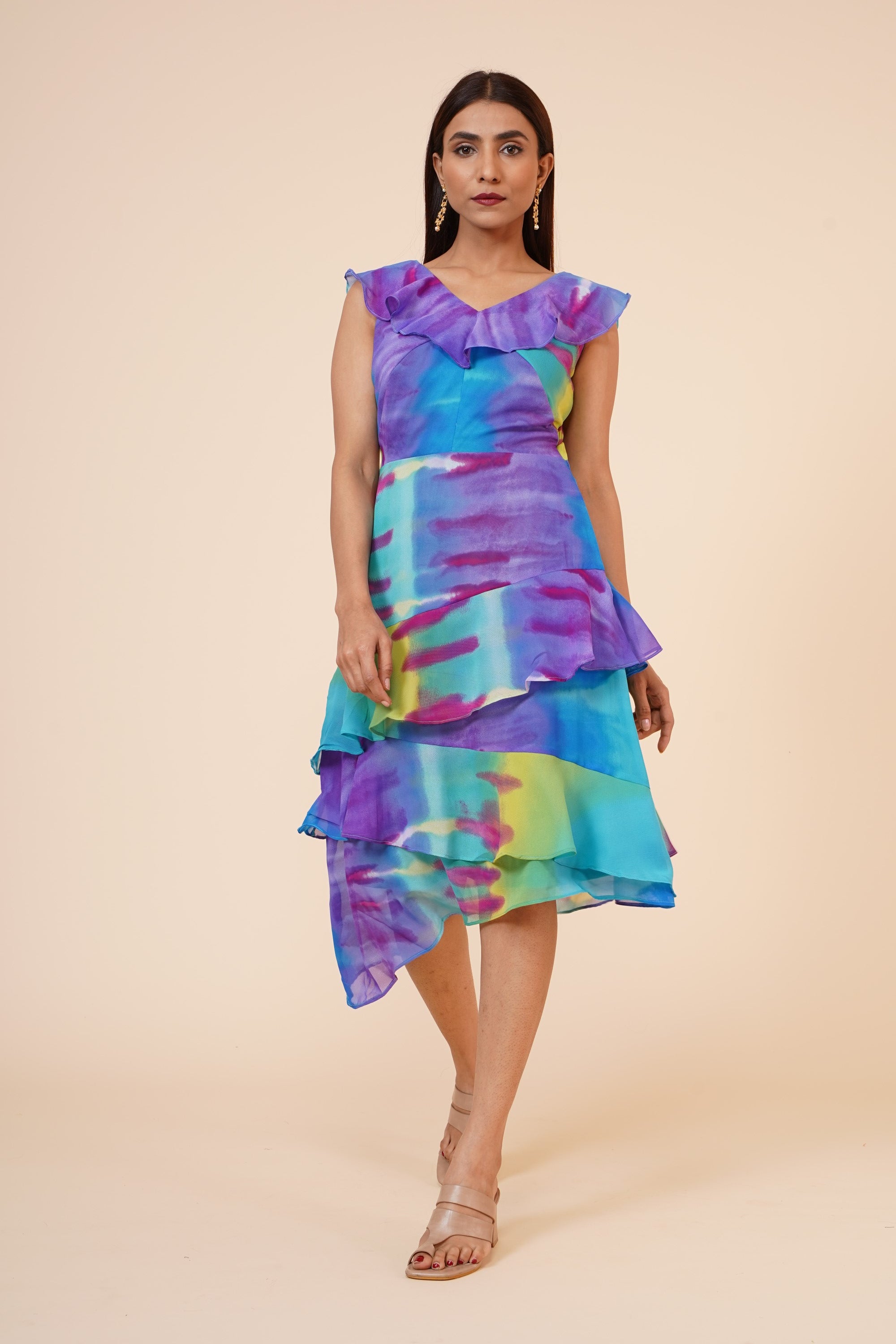 Women's Multicolor Printed Georgette  Ruffle   Dress