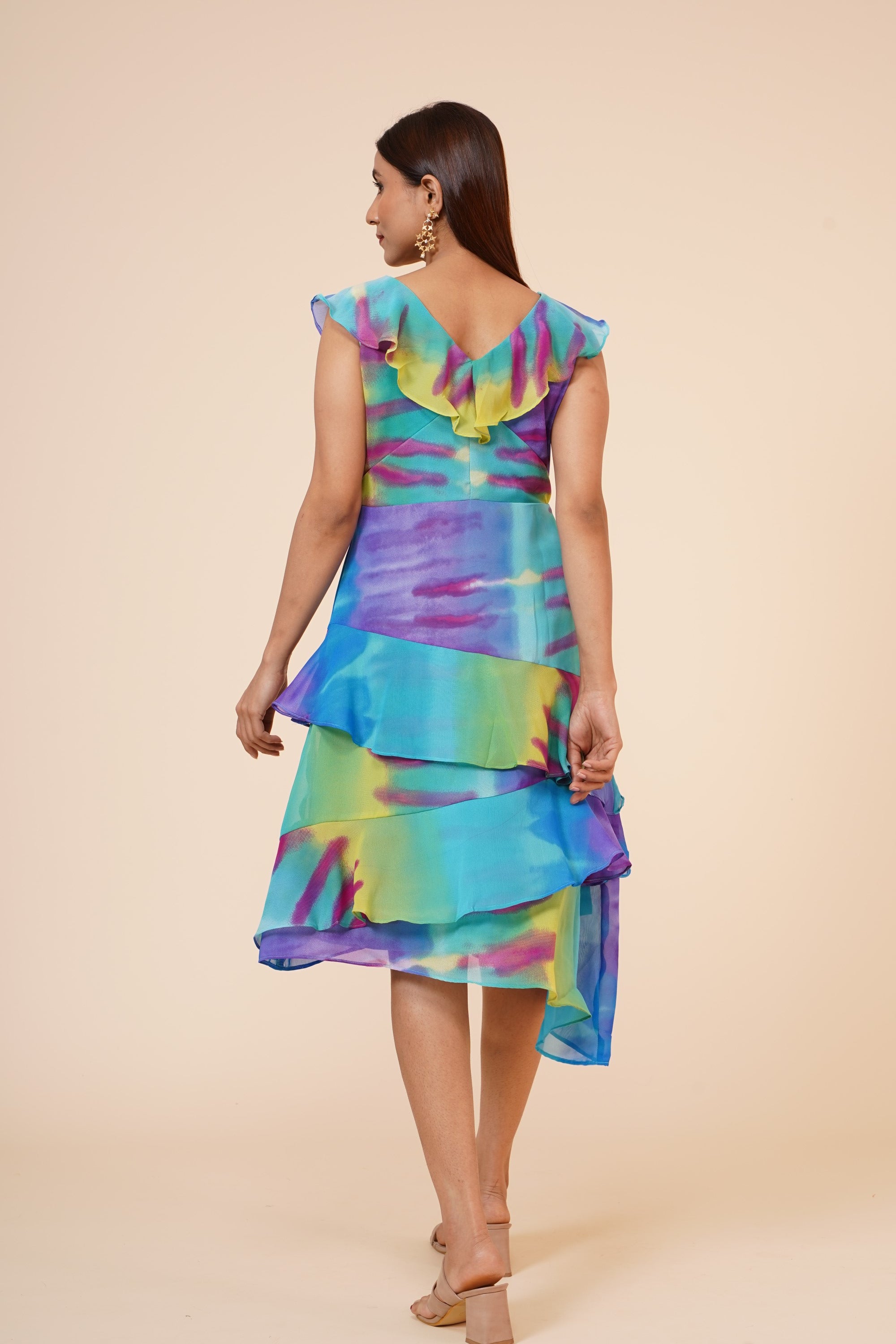 Women's Multicolor Printed Georgette  Ruffle   Dress - MIRACOLOS by Ruchi