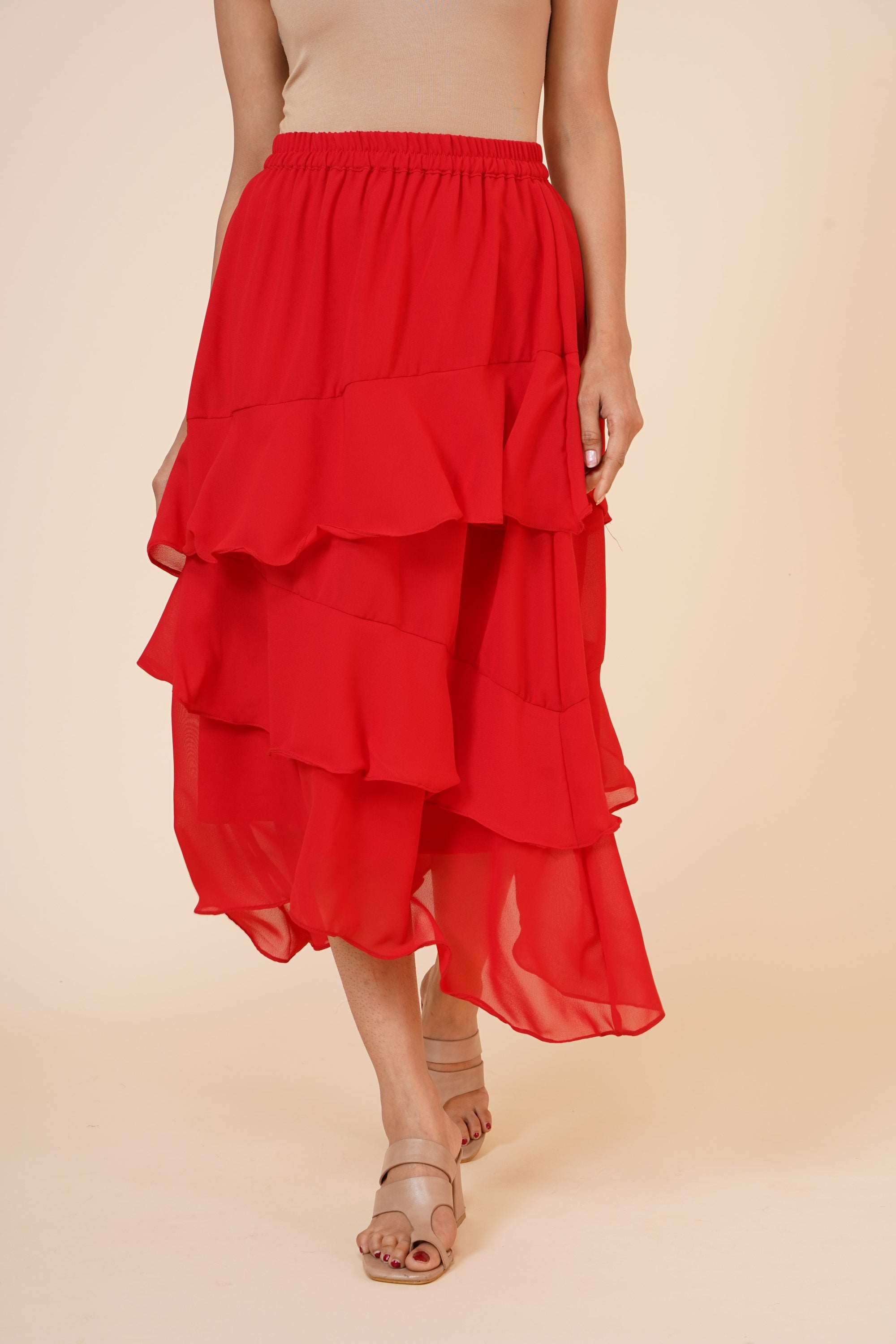 Women's Chiffon Ruffle Skirt With Elastic In Red